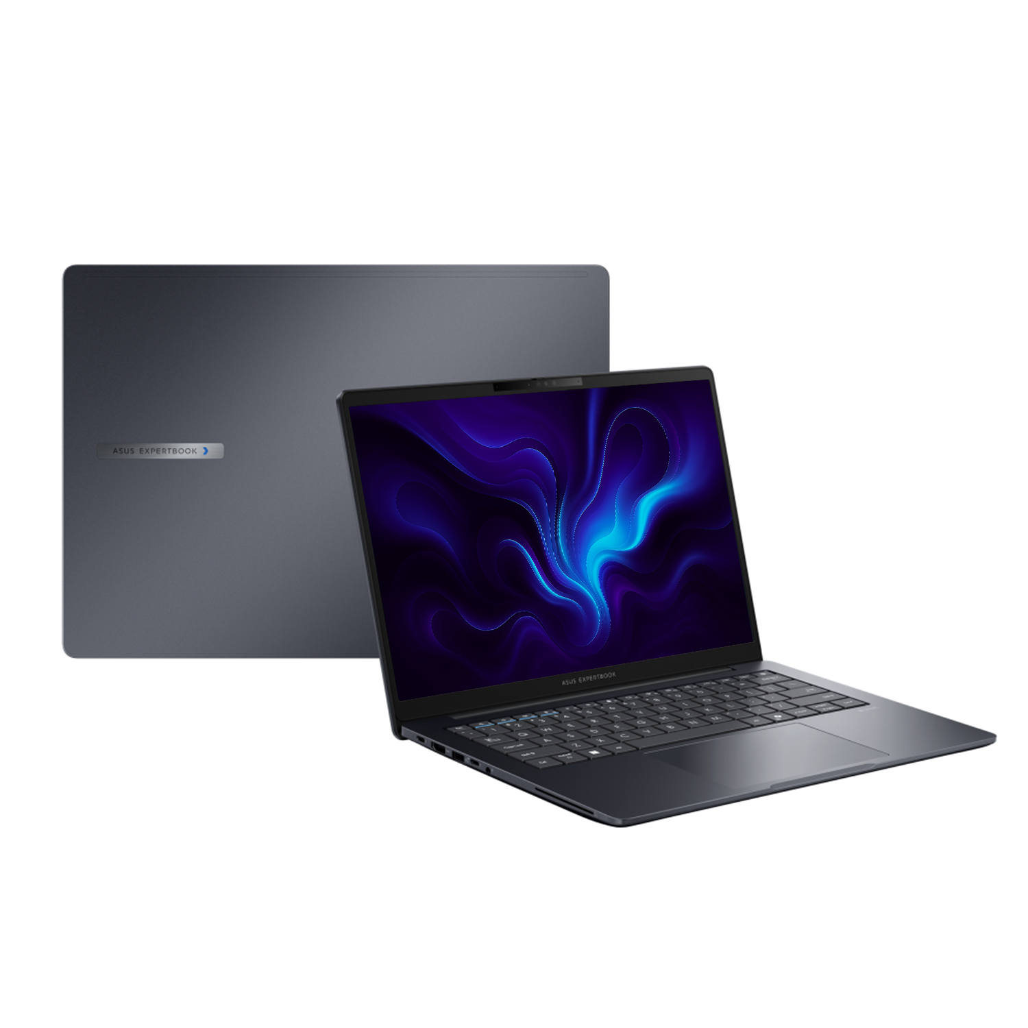 Koyu renkli Asus ExpertBook dizüstü bilgisayar açık, ekranda mavi desen görünüyor. Yanında kapalı ikinci bir dizüstü bilgisayar var.
