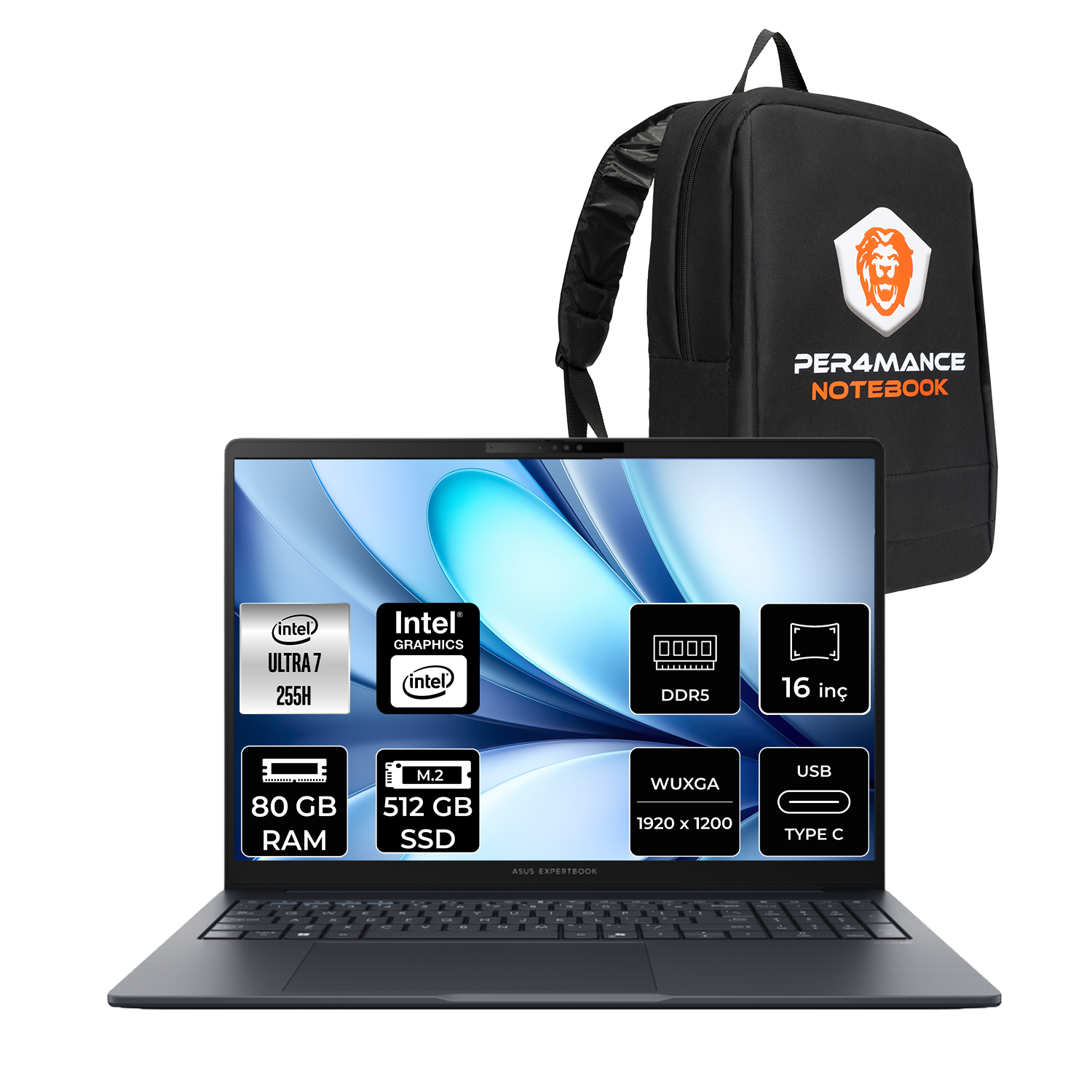 Intel Ultra 7, 80 GB RAM, 512 GB SSD siyah dizüstü bilgisayar. Yanında sırt çantası.