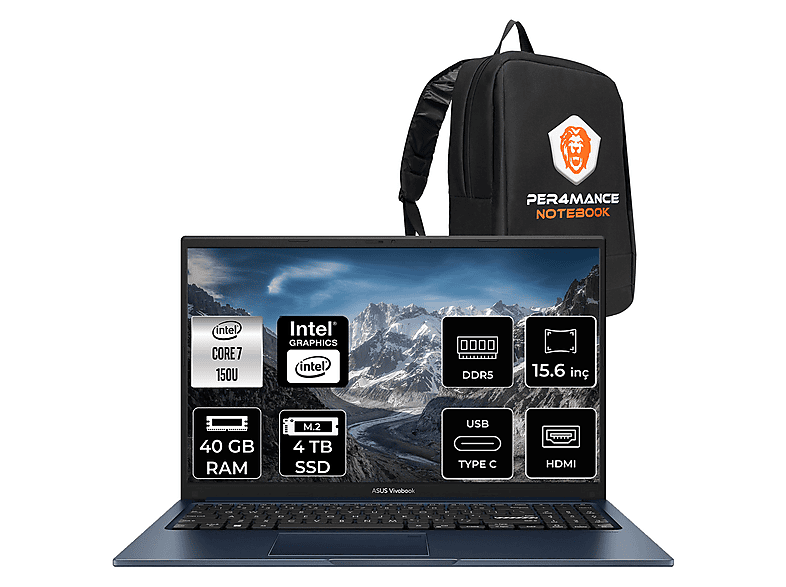 ASUS VB 15 FHD X1504VABQ5456P320 Intel Core 7 150U 40 GB RAM 4 TB SSD 15,6 inç FreeDOS Laptop+Çanta Lacivert