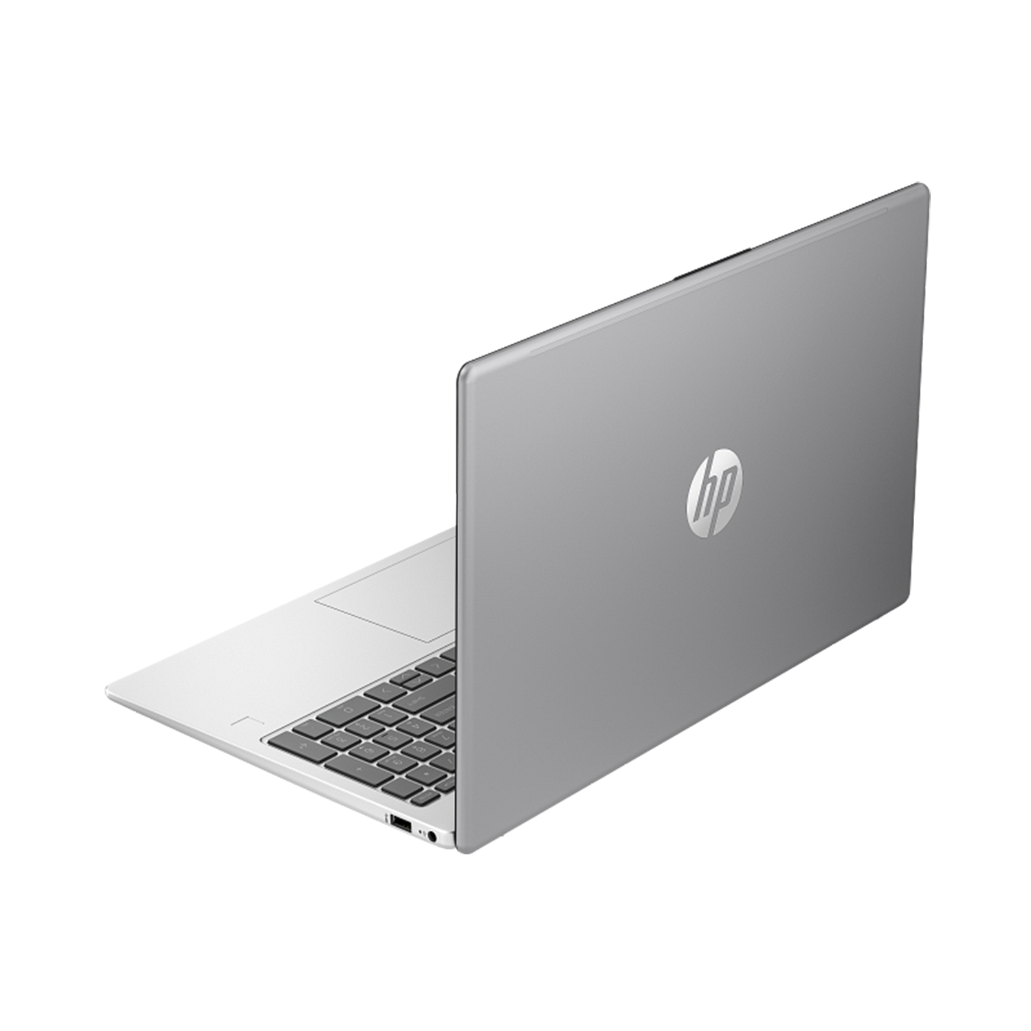 Gümüş rengi HP dizüstü bilgisayar, ekranı açıkken arkadan üç çeyrek görünümüyle gösteriliyor.