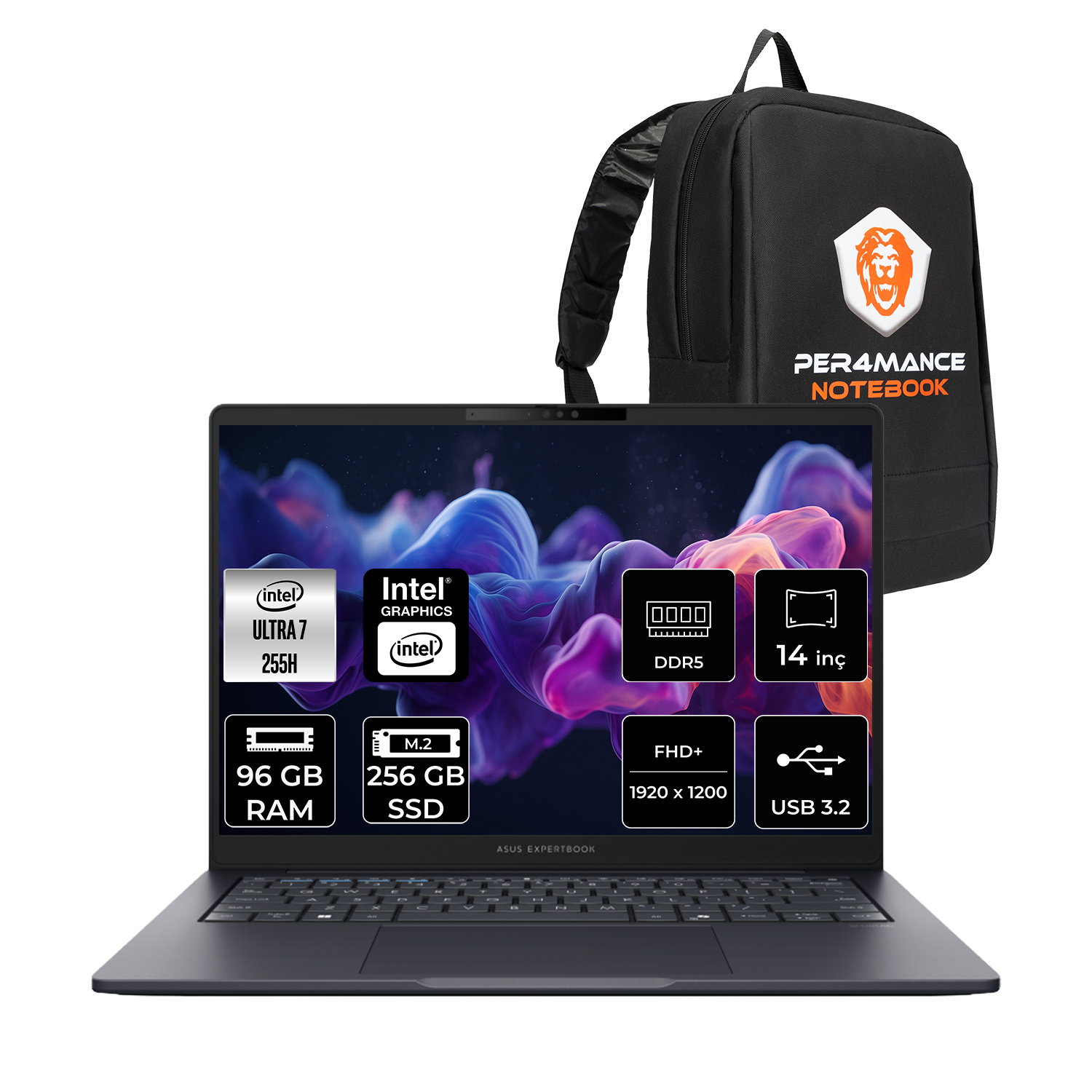 Intel Core i7 işlemcili, 96GB RAM, 256GB SSD siyah dizüstü bilgisayar ve siyah sırt çantası.