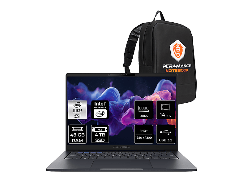 ASUS EB B5 FHD+ B5405U716512B0DP330 Intel Core Ultra 7 255H 48 GB RAM 4 TB SSD 14 inç FreeDOS Laptop+Çanta Koyu Gri