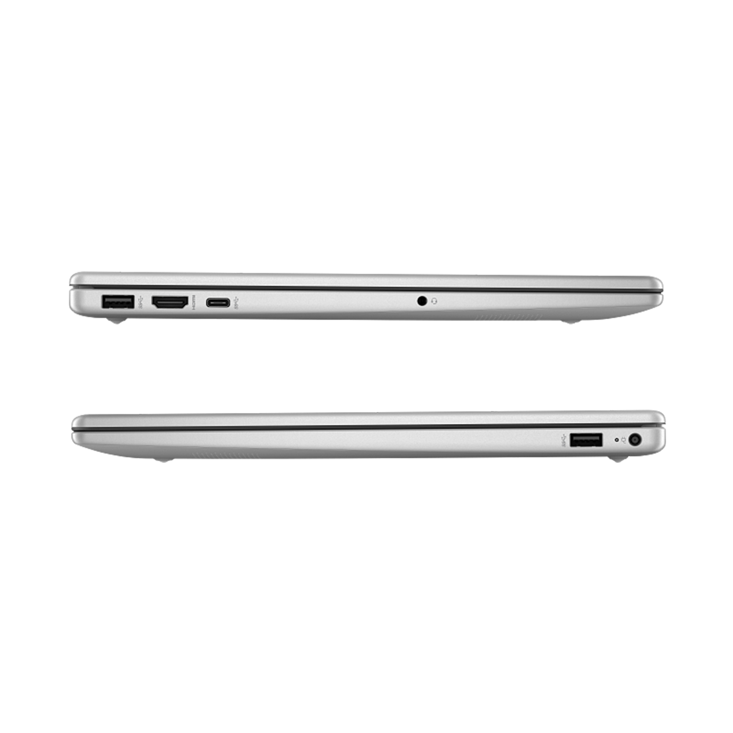 Gümüş dizüstü bilgisayar yan görünüm: USB-A, HDMI, USB-C bağlantı noktaları. Diğer yan görünüm: USB-A, ses jakı.