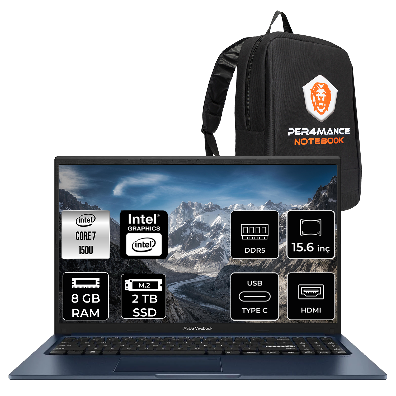 Intel Core 7, 8 GB RAM, 2 TB SSD, DDR5, USB-C, HDMI özellikli mavi dizüstü ve siyah sırt çantası.