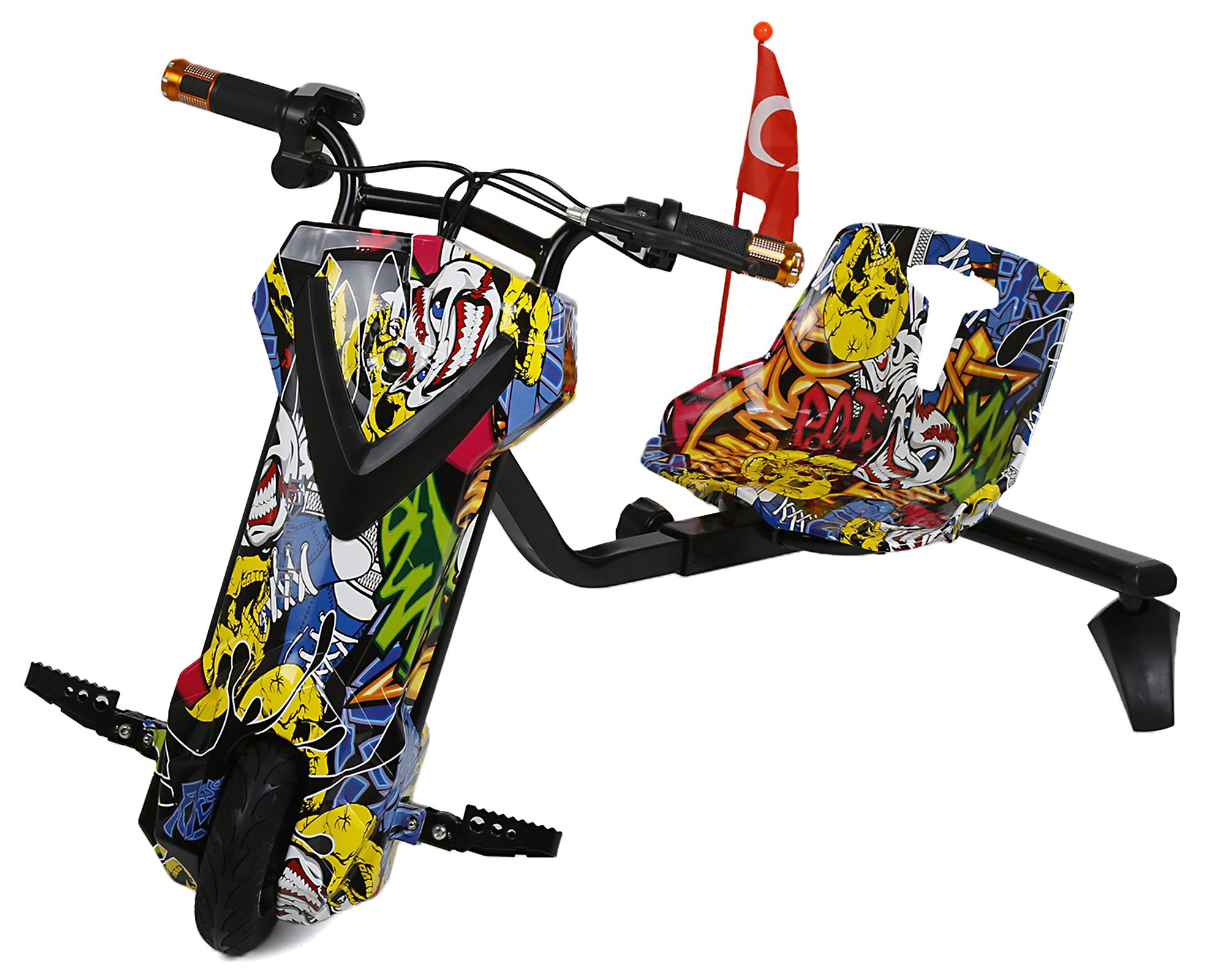 Graffiti tasarımlı ve Türk bayraklı renkli drift scooter.