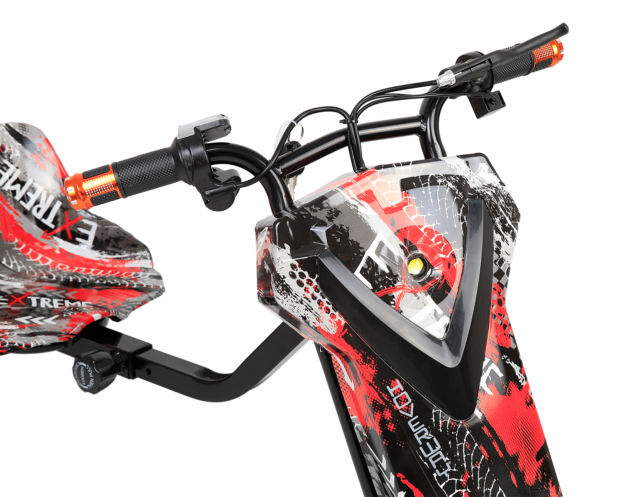 Kırmızı, siyah ve gri drift scooter'ın "EXTREME" grafikli yakın çekimi.