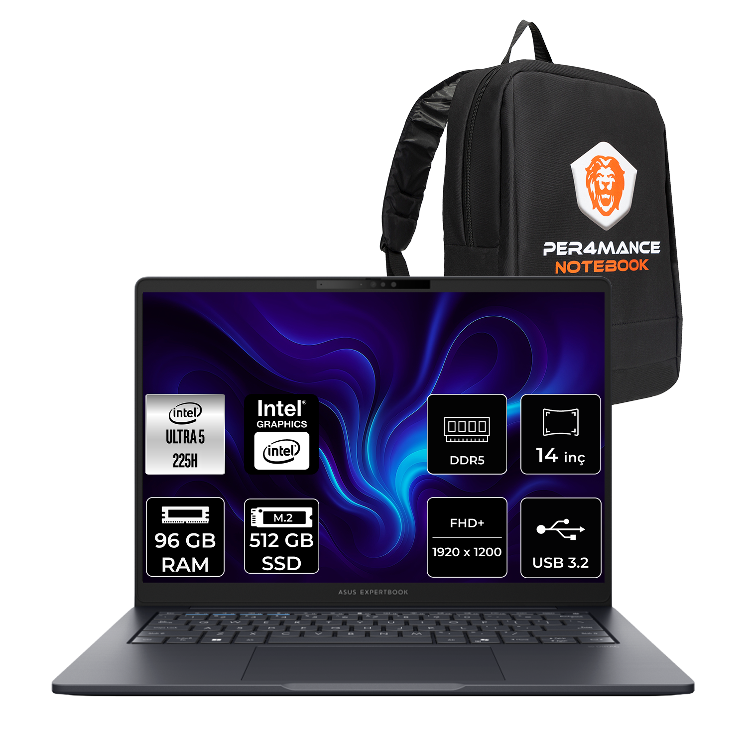 Intel Core i5, 96 GB RAM, 512 GB SSD ve sırt çantalı siyah dizüstü bilgisayar.