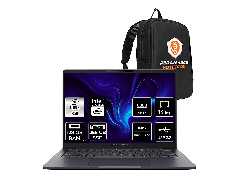 ASUS EB B5 FHD+ B5405U516512B0DP346 Intel Core Ultra 5 225H 128 GB RAM 256 GB SSD 14 inç FreeDOS Laptop+Çanta Koyu Gri