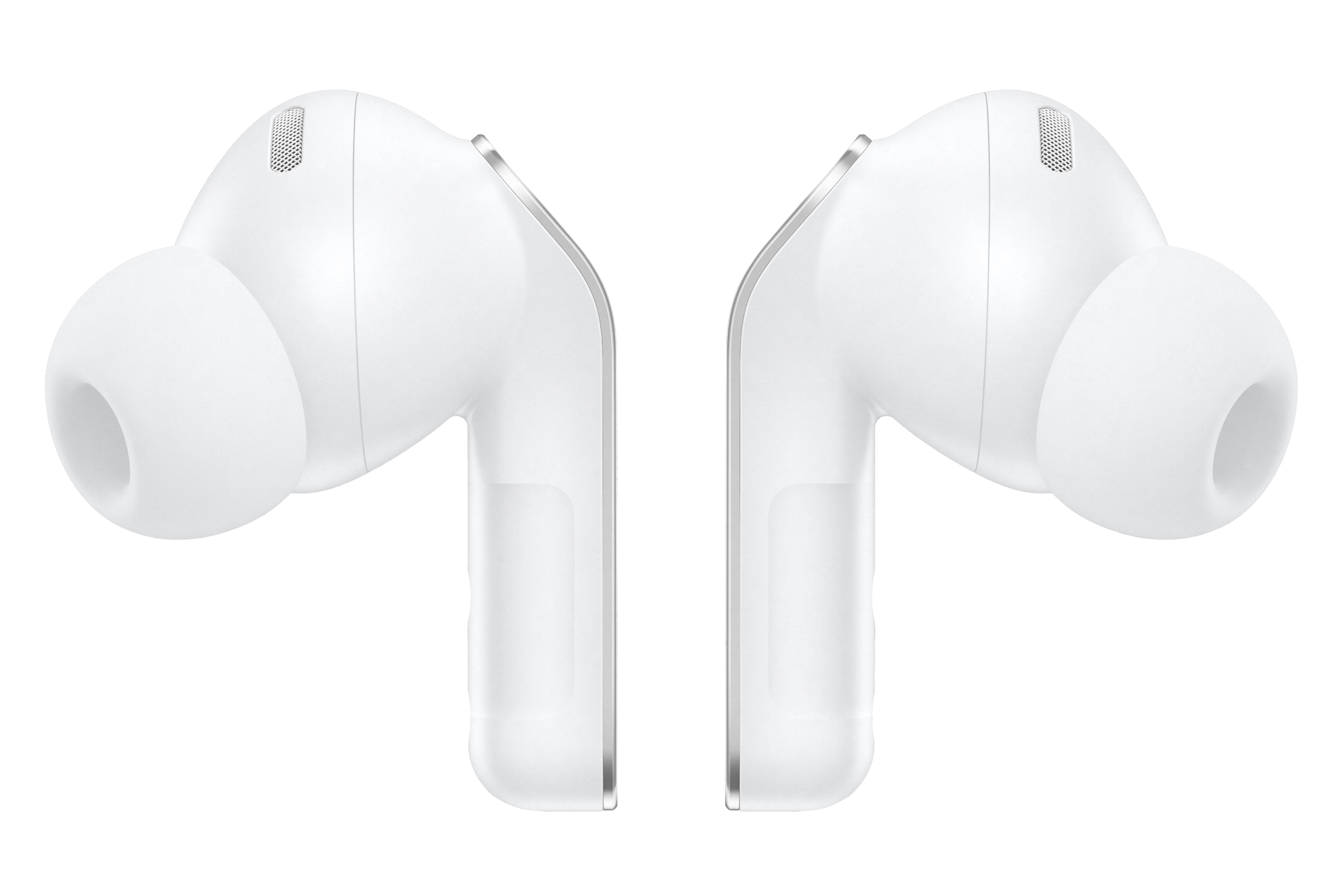 Due auricolari wireless bianchi con accenti argentati su sfondo bianco.