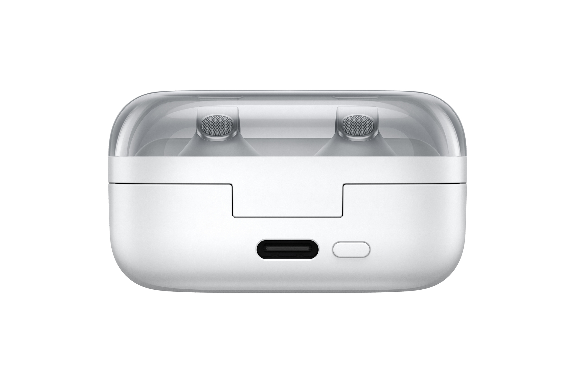 Custodia di ricarica bianca per auricolari wireless con coperchio trasparente e porta USB-C.
