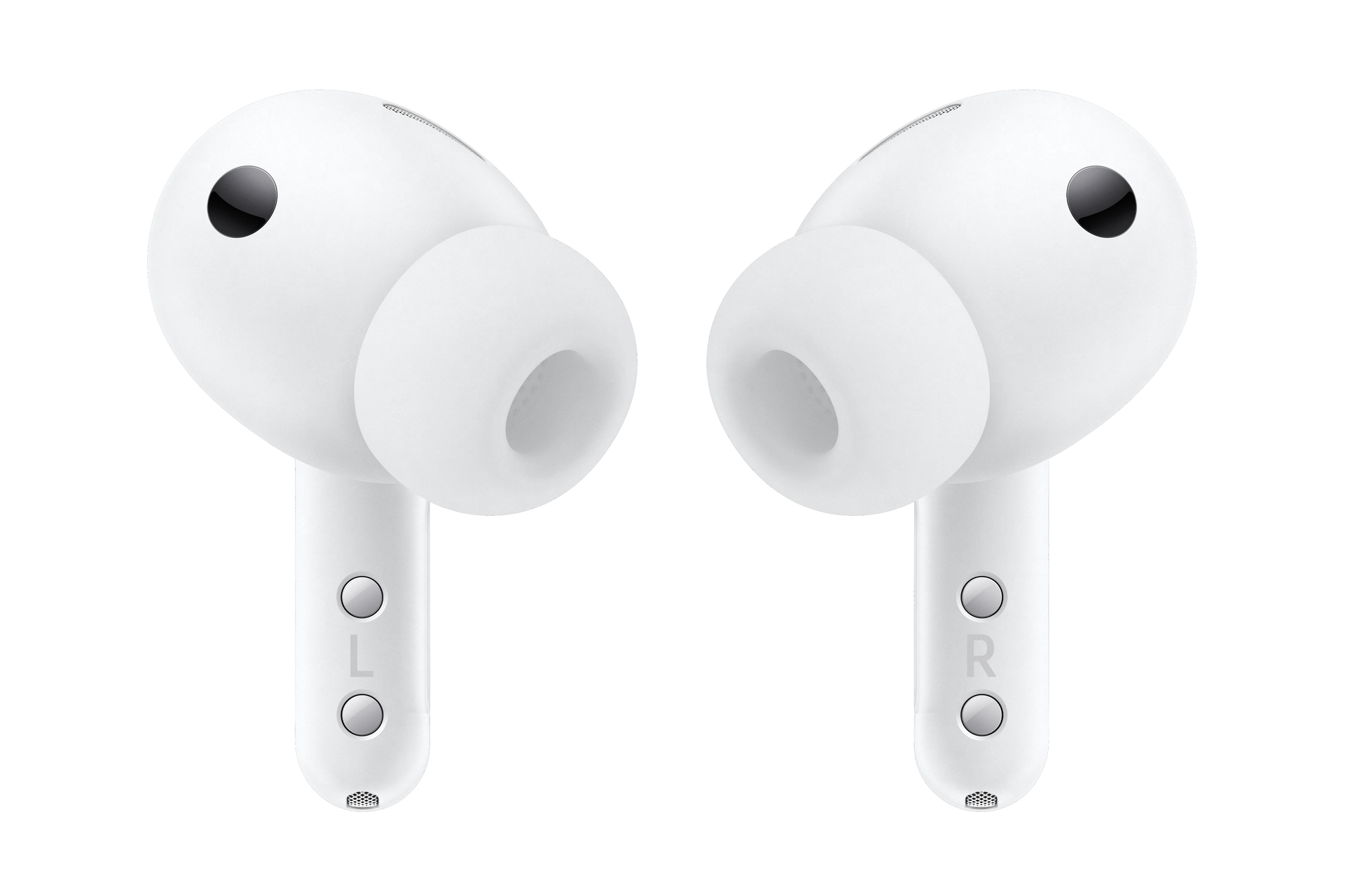 Due auricolari wireless bianchi, contrassegnati L e R, su sfondo bianco.