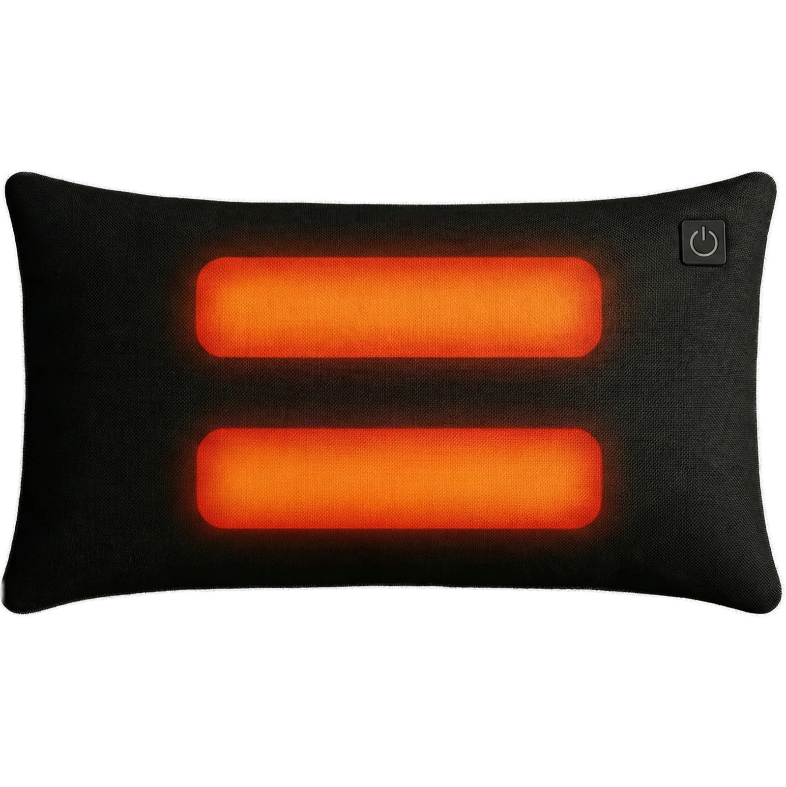 Schwarzes Kissen mit zwei leuchtend orangen Rechtecken und einem Power-Symbol.