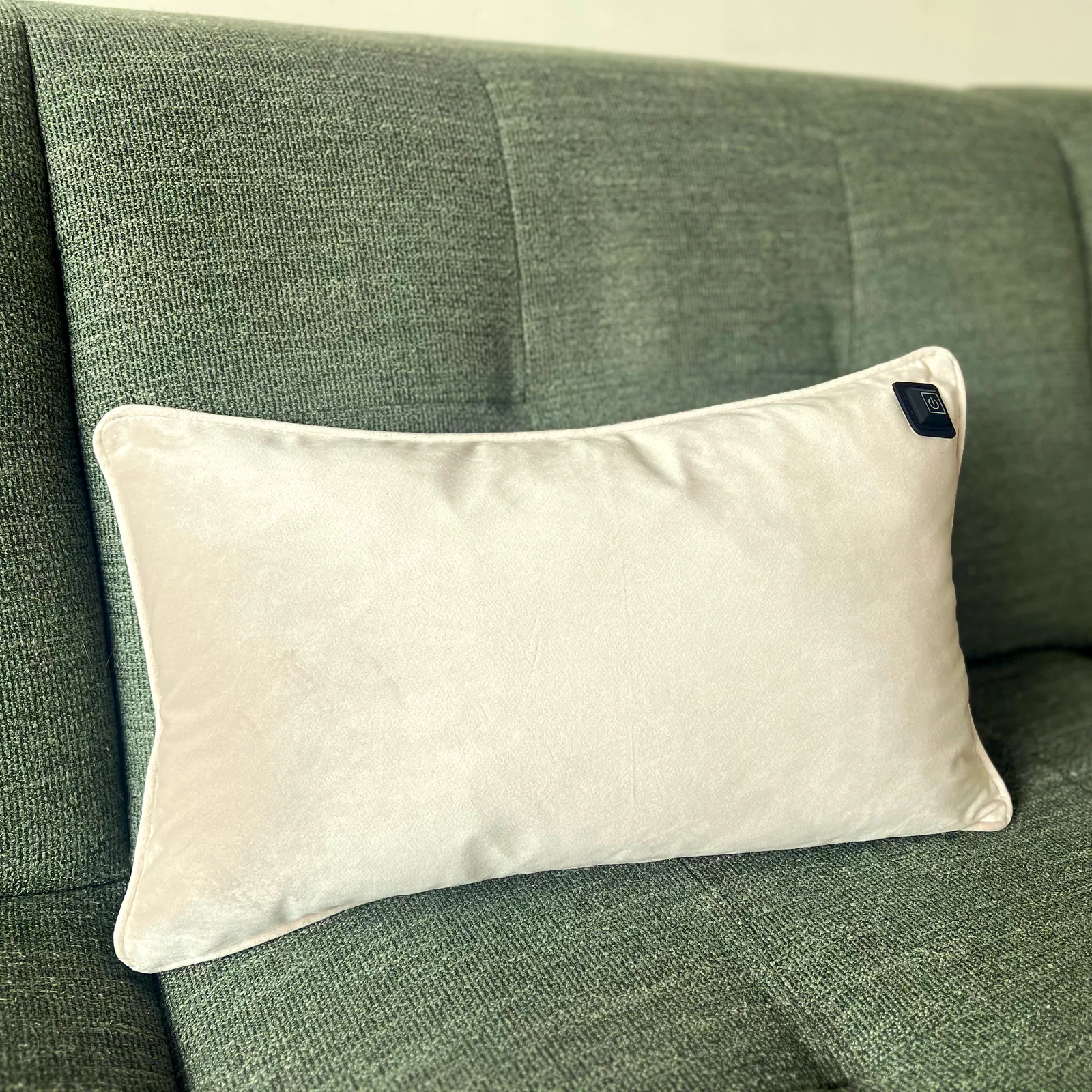 Ein cremefarbenes Kissen mit einem schwarzen Power-Symbol liegt auf einem grünen Sofa.