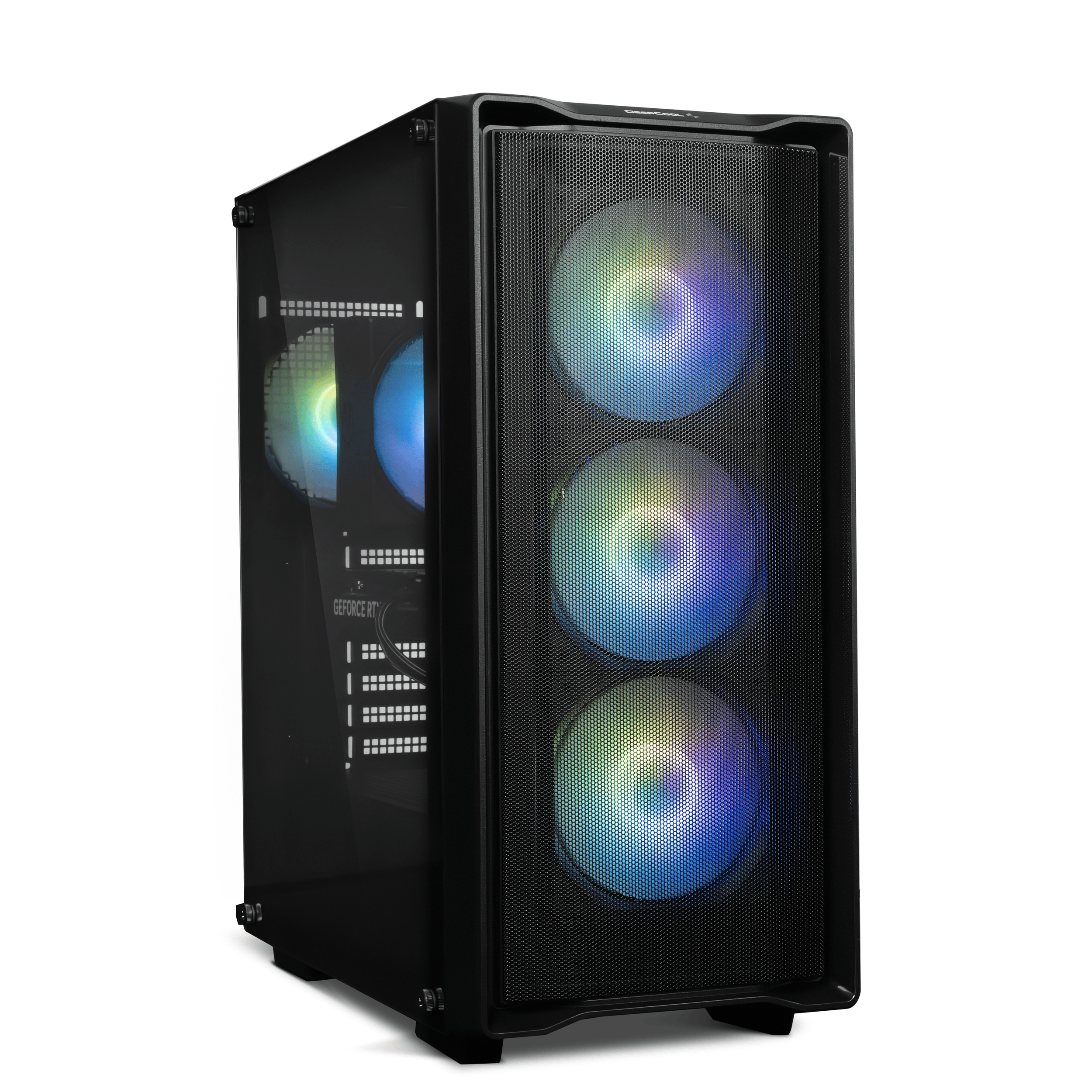 Schwarzes Computergehäuse mit beleuchteten Lüftern und Glasseitenfenster.