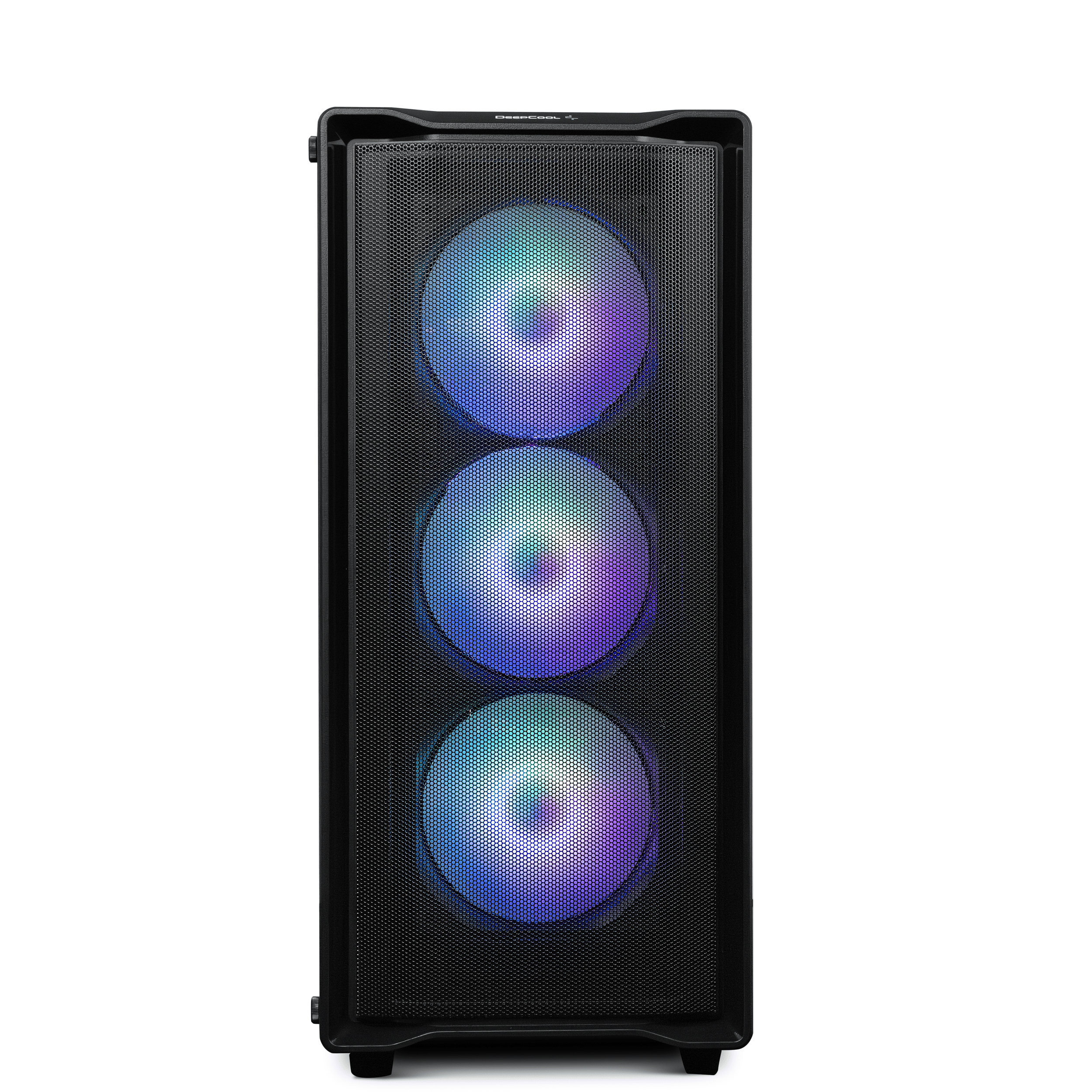 Ein schwarzes PC-Gehäuse mit drei beleuchteten Lüftern in Blau- und Violetttönen.