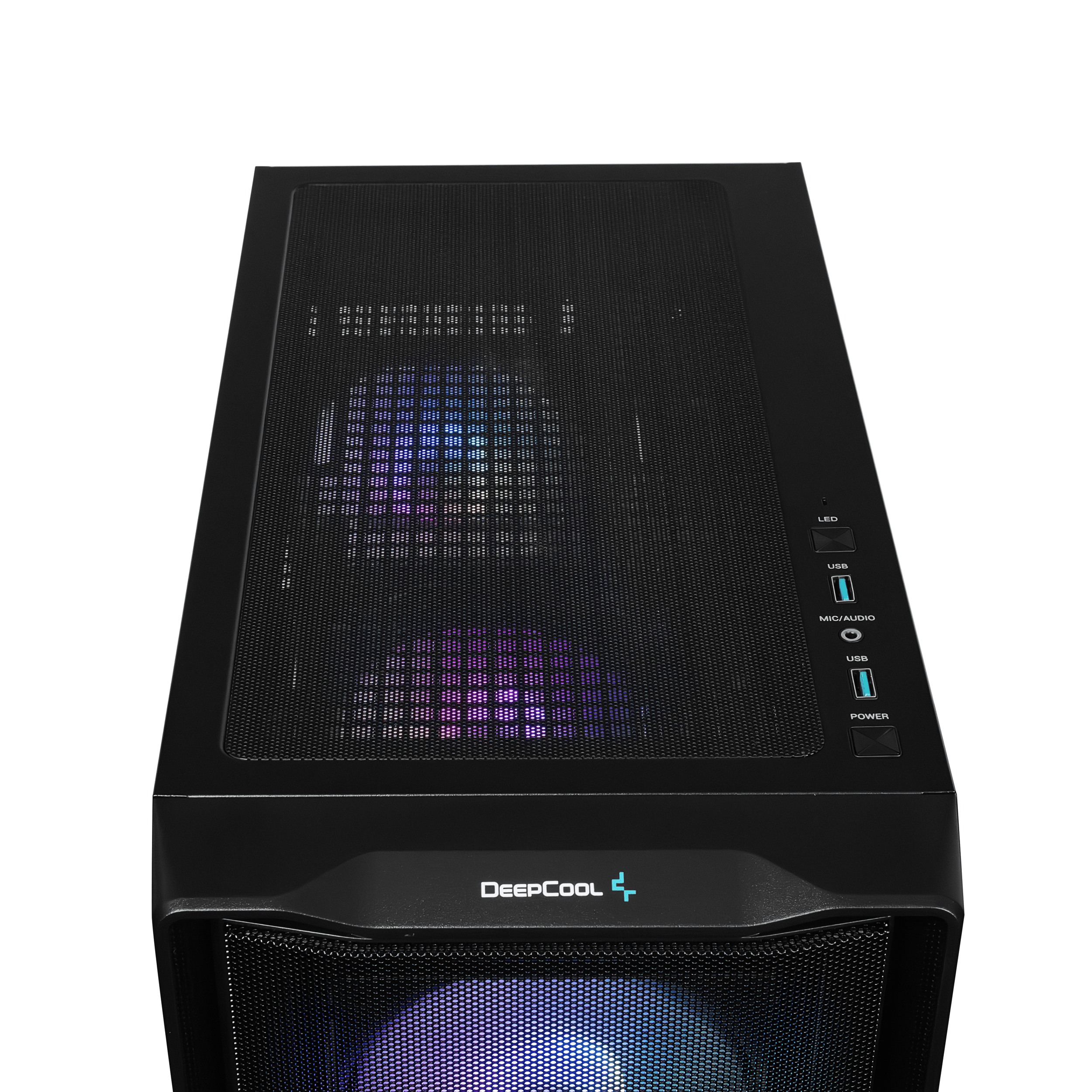 Schwarzes Computergehäuse mit beleuchteten Lüftern und Anschlüssen oben.