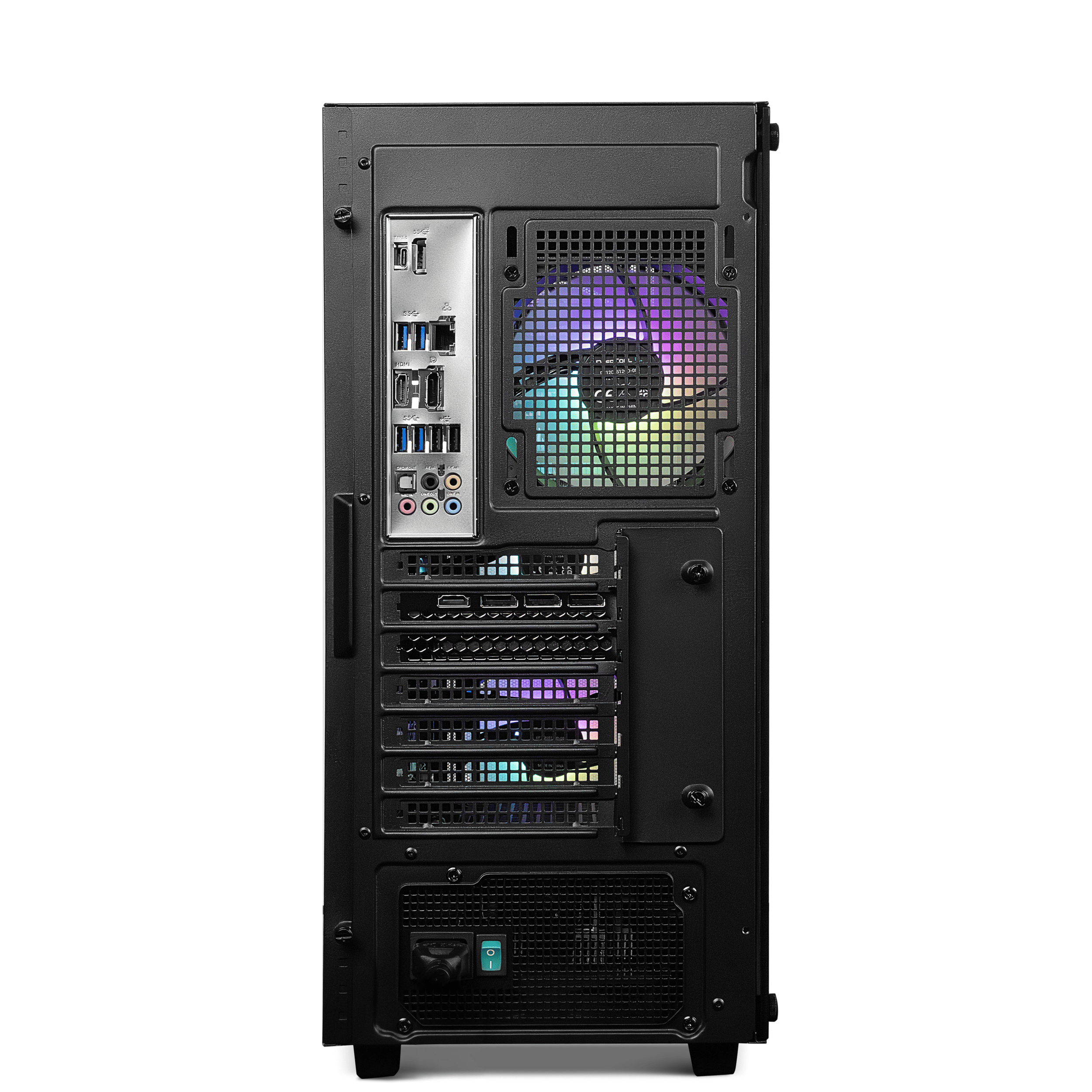 Rückseite eines schwarzen PC-Gehäuses mit Anschlüssen und RGB-Lüfter.