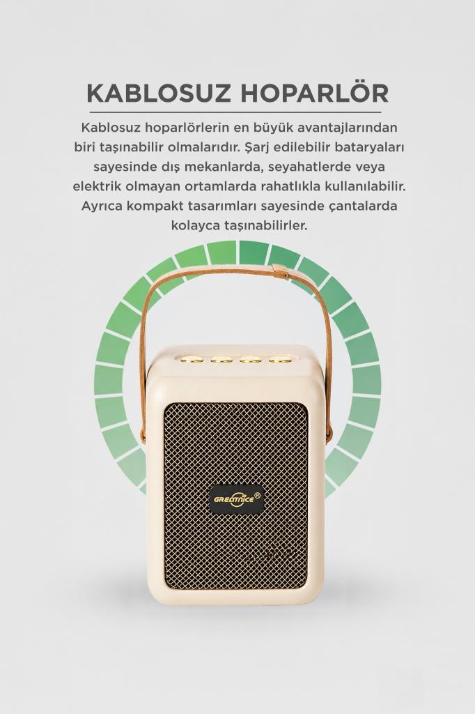Krem rengi, kulplu, yeşil dairesel grafikli kablosuz hoparlör.