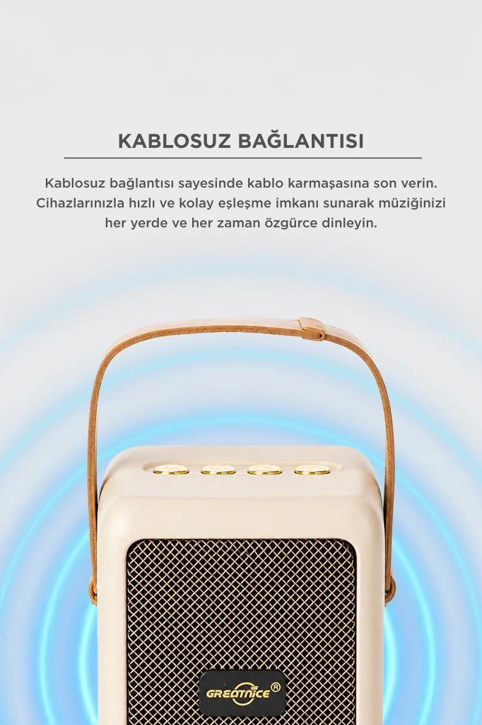 Deri kulplu ve kontrol düğmeli krem renkli hoparlör.