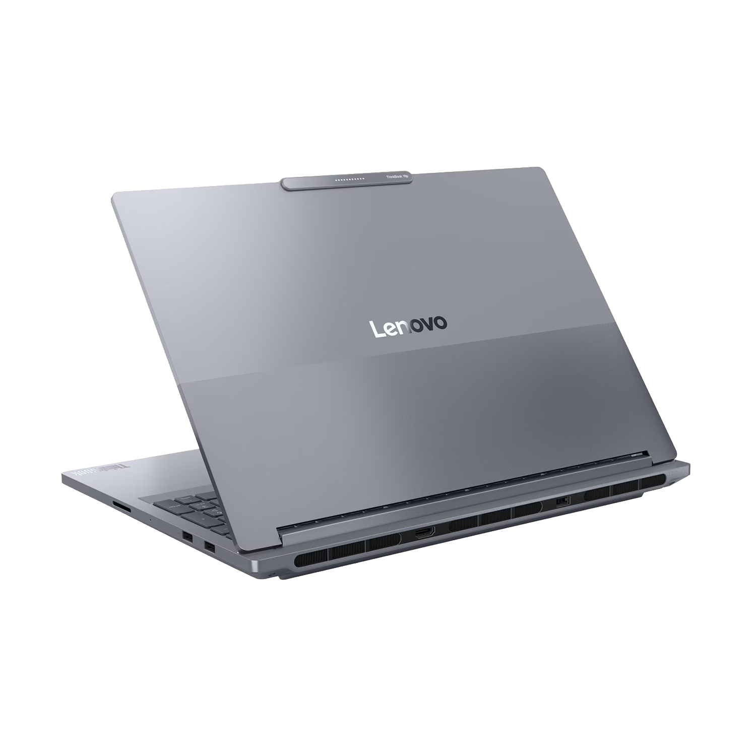 Gümüş renkli açık Lenovo dizüstü bilgisayar, klavyesi ve havalandırma delikleri görünüyor.