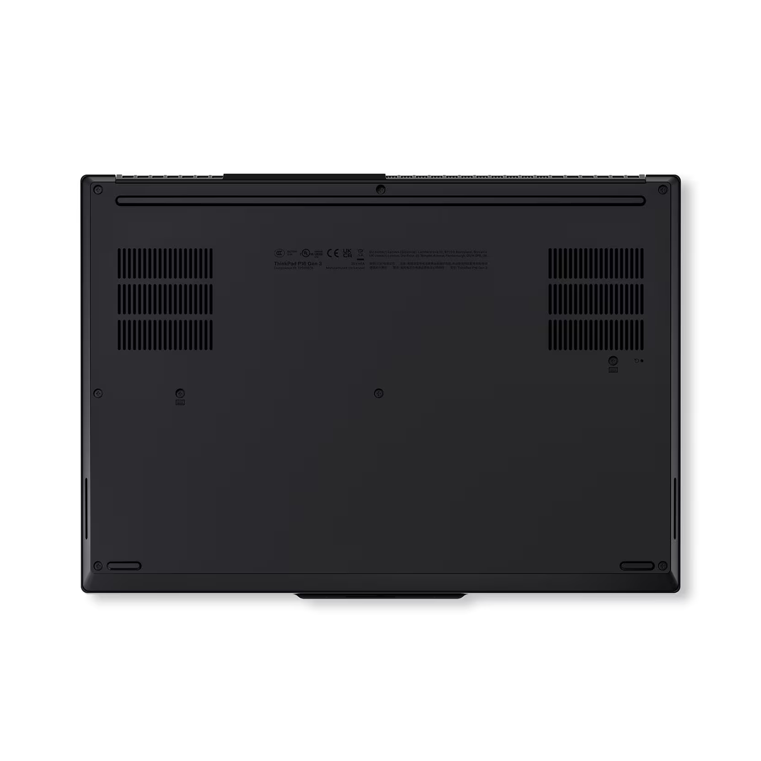 Havalandırma delikleri ve etiketleri olan siyah ThinkPad P16 Gen 3 dizüstü bilgisayarın altı.