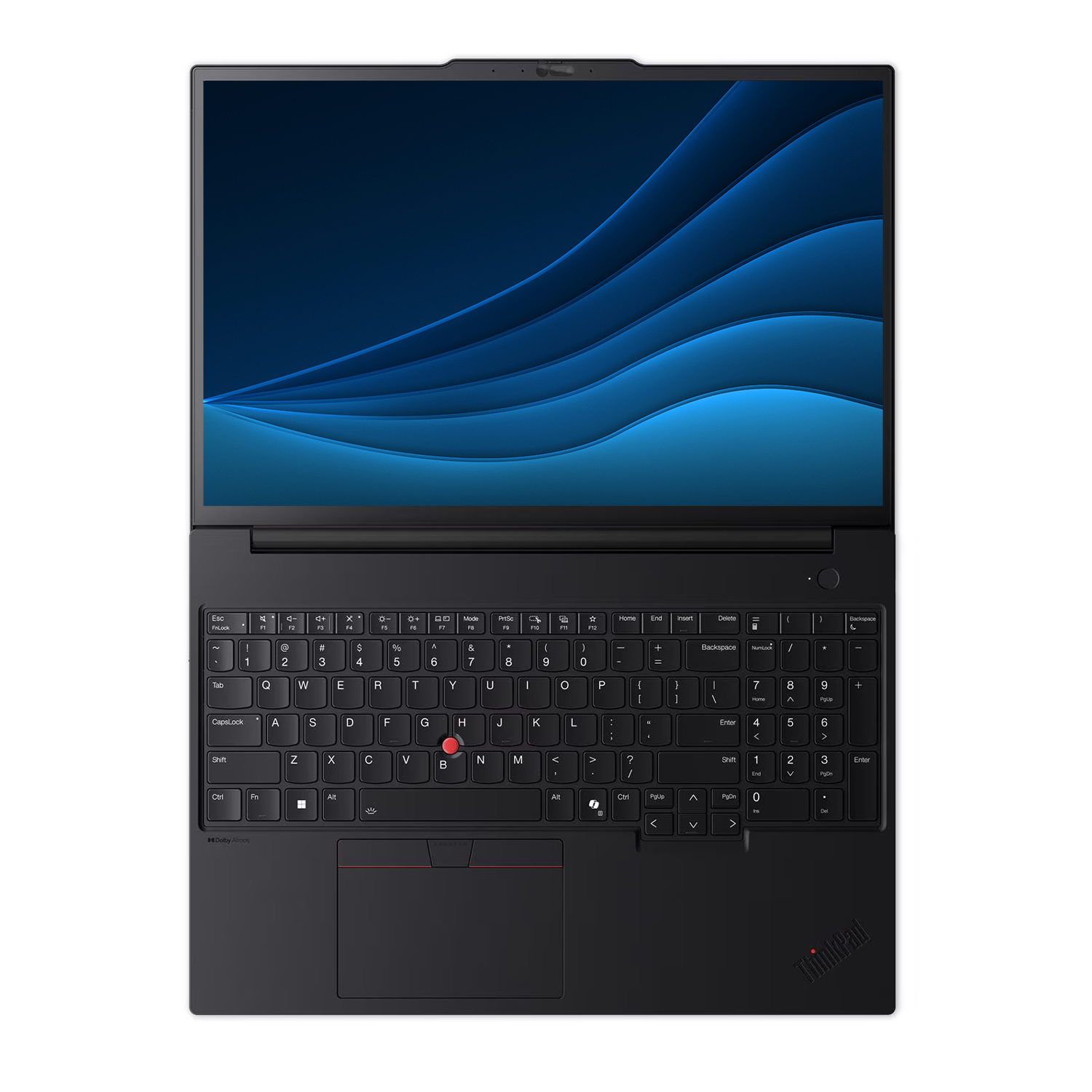 Aydınlatmalı ThinkPad logosu ve mavi duvar kağıdı olan siyah bir dizüstü bilgisayar.