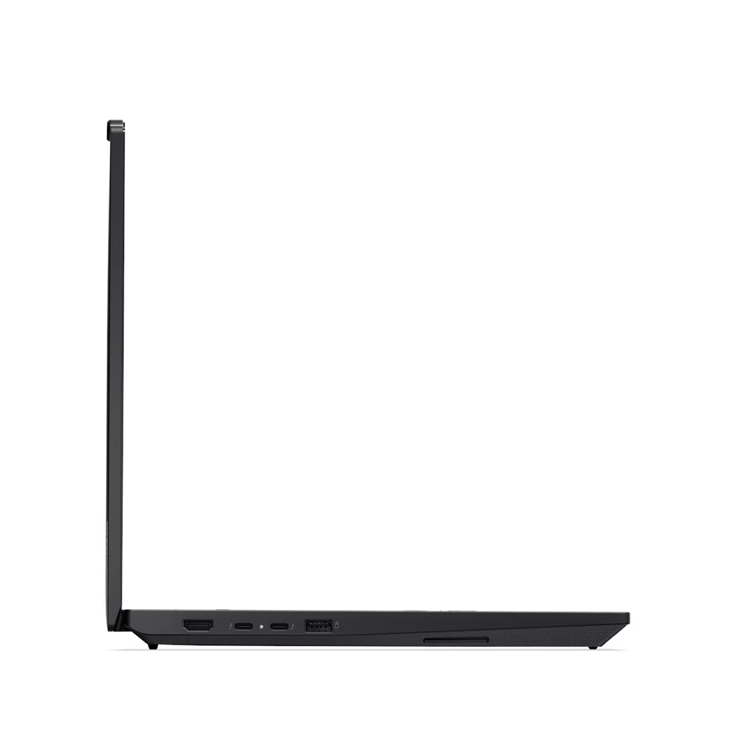 HDMI, USB-C ve USB-A bağlantı noktalarını gösteren siyah bir dizüstü bilgisayarın yan görünümü.