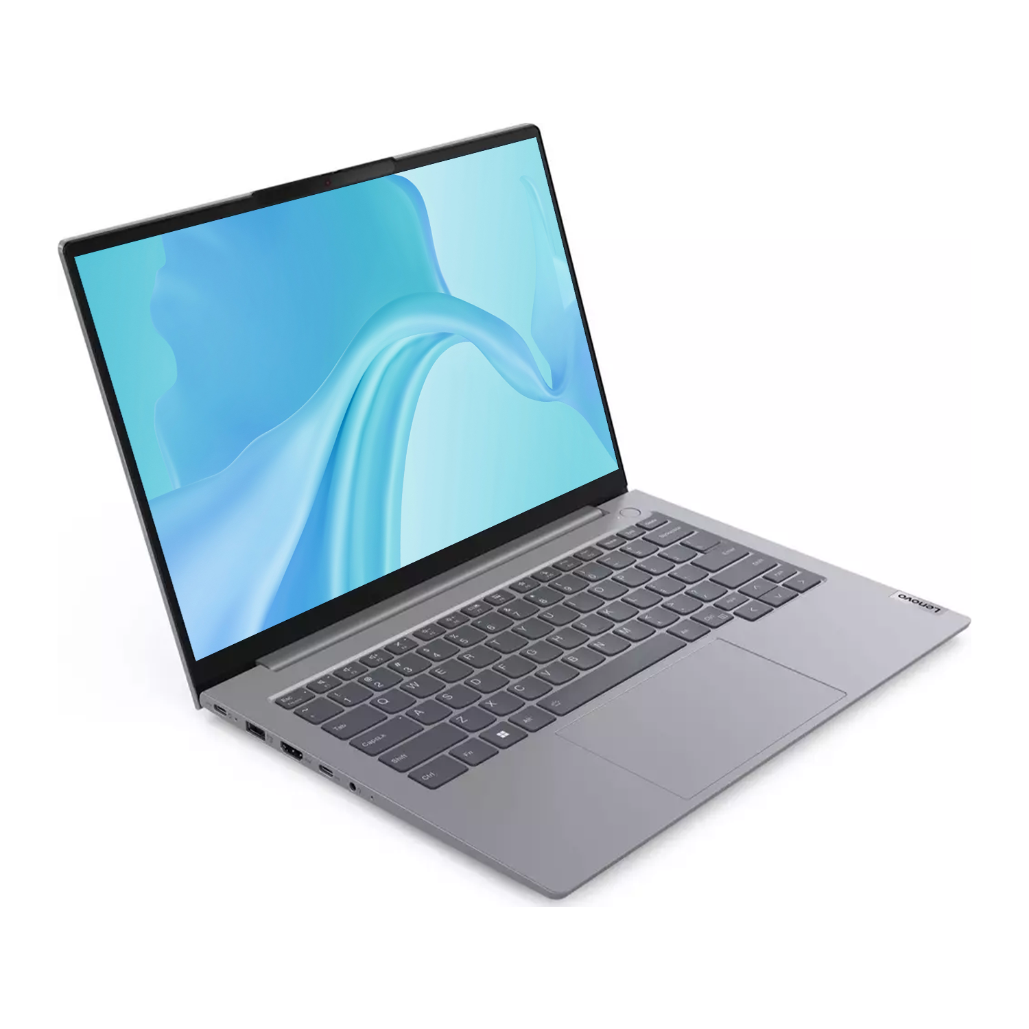 Ekranında mavi soyut duvar kağıdı olan gümüş rengi Lenovo dizüstü bilgisayar.