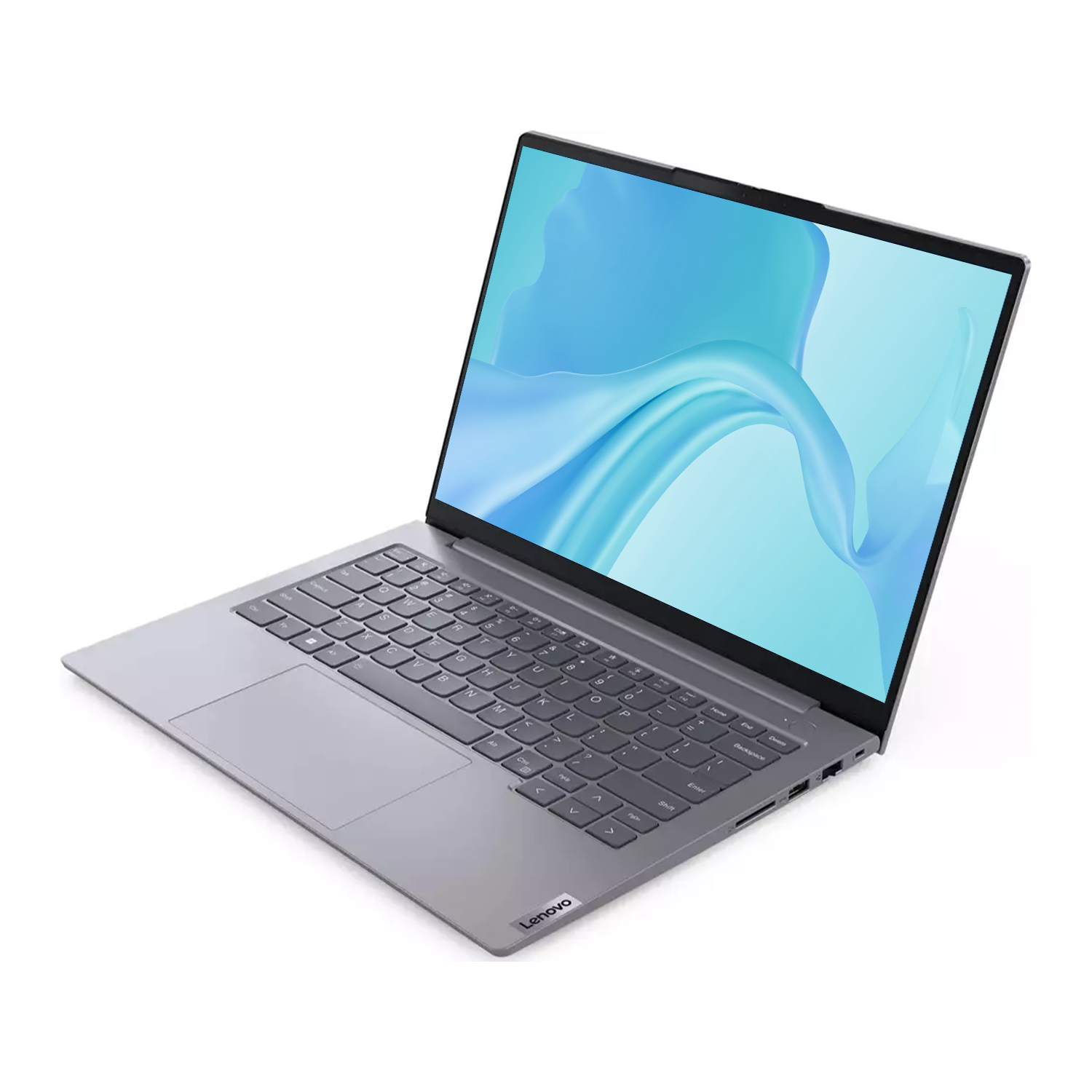 Ekranı açık, soyut mavi desen gösteren gri bir Lenovo dizüstü bilgisayar.