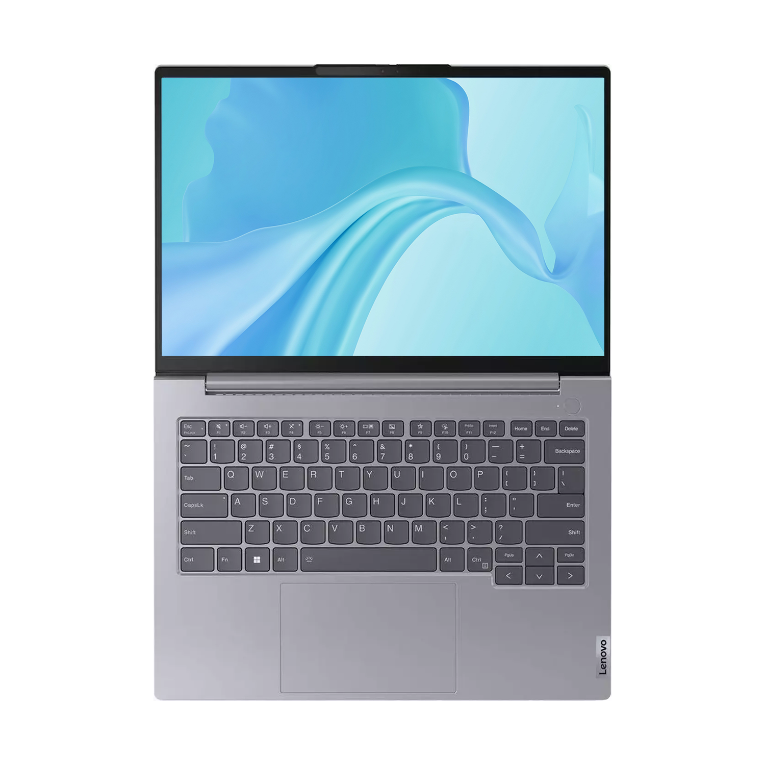 Gümüş renkli bir Lenovo dizüstü bilgisayar açık olup ekranında mavi soyut bir duvar kağıdı gösteriyor. Klavye görünüyor.