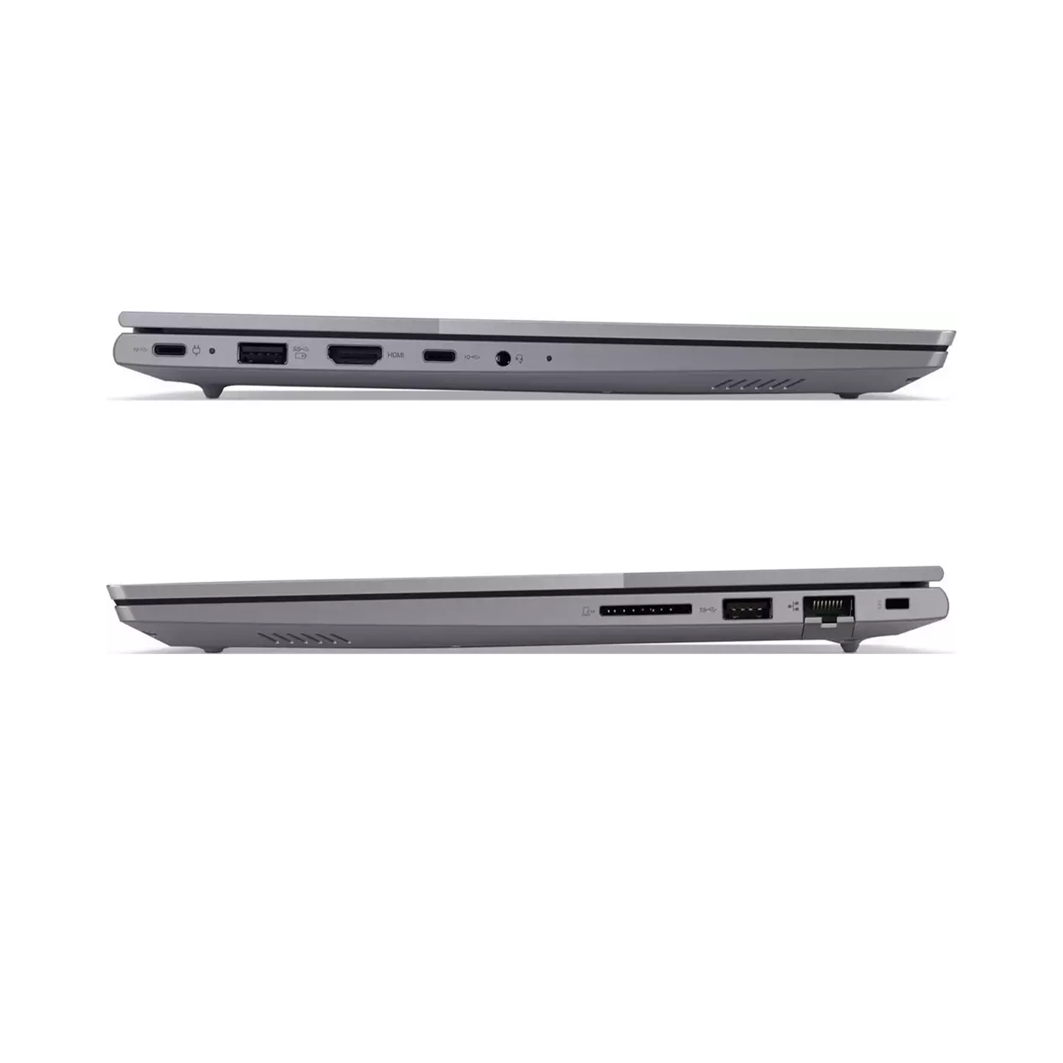 Gri laptop yan görünüm, portlar: USB-C, USB-A, HDMI, ses jakları.