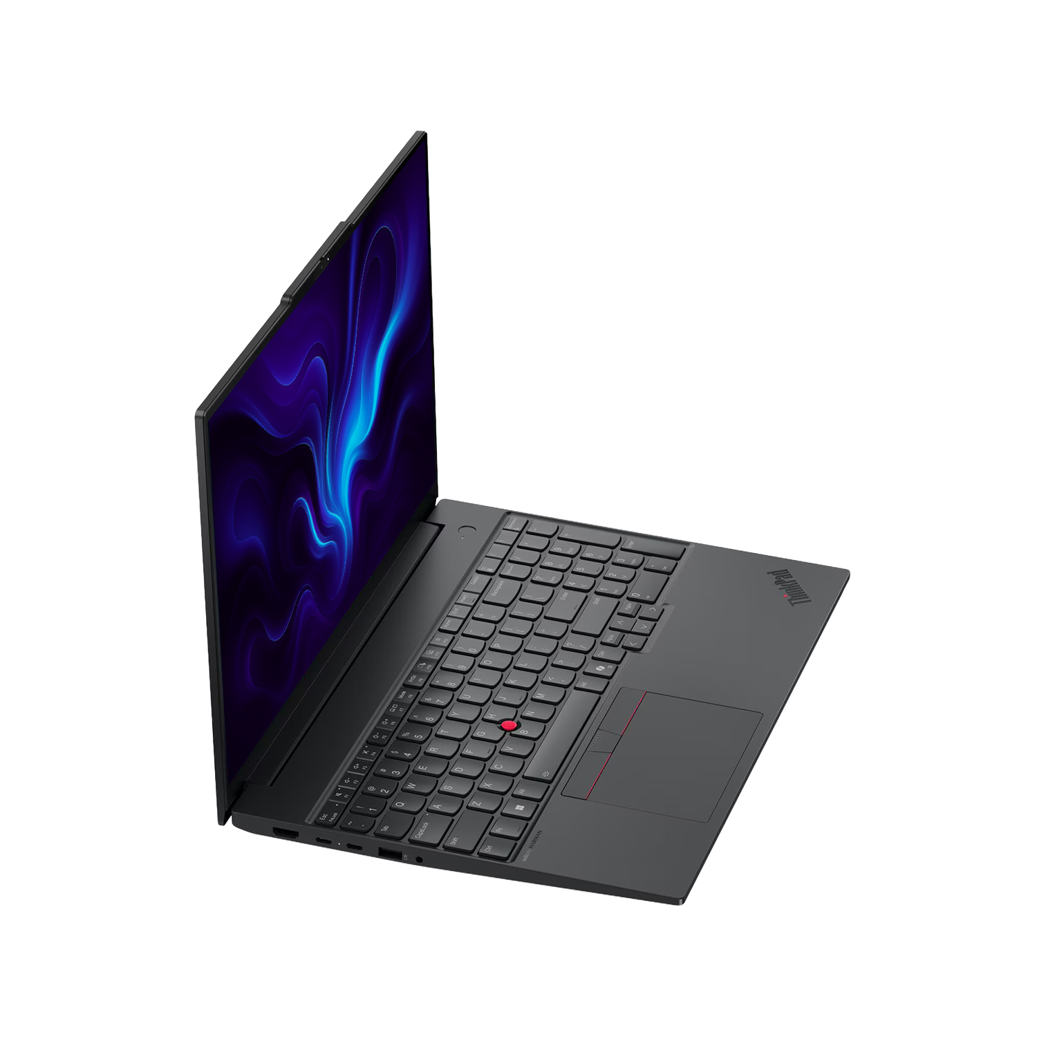 Ekranında mavi duvar kağıdı olan siyah bir ThinkPad dizüstü bilgisayar.
