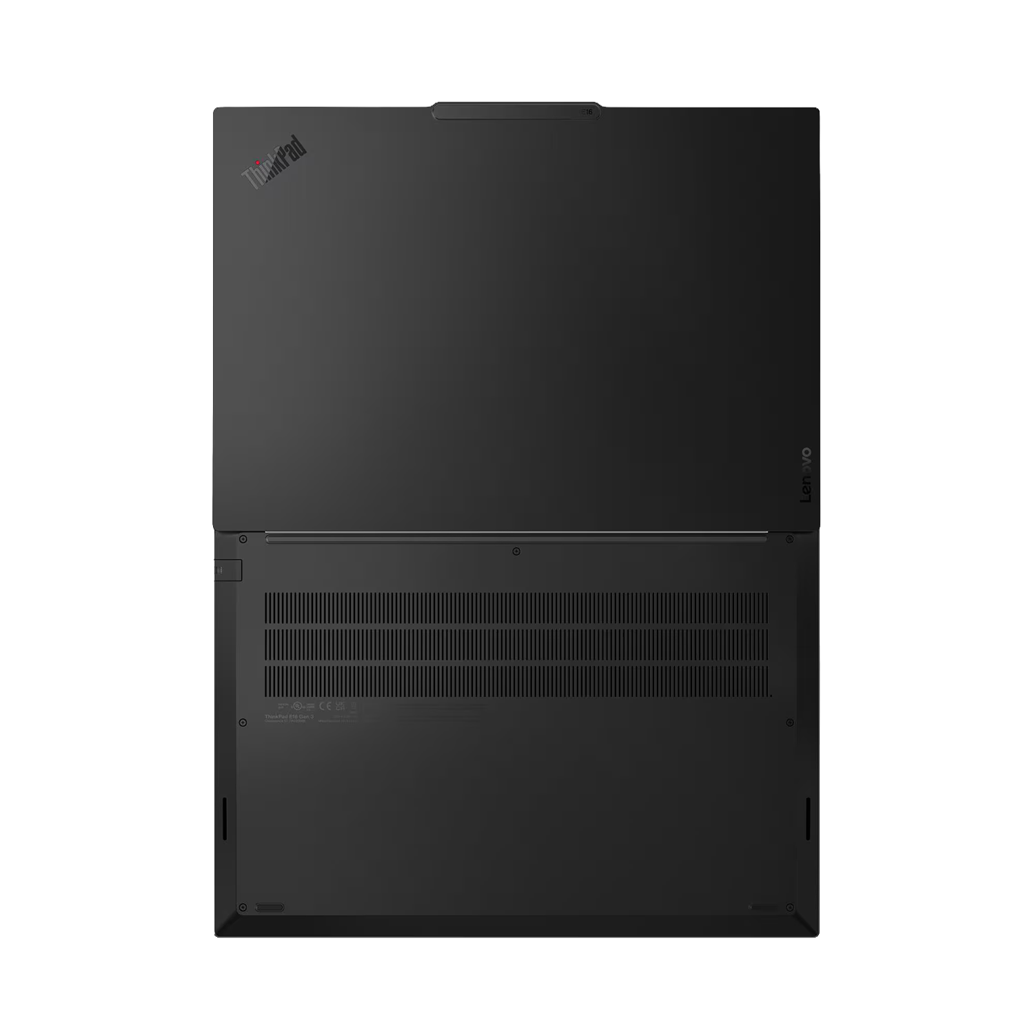 Siyah Lenovo ThinkPad dizüstü bilgisayar, üst ve alt görünümler mevcut.