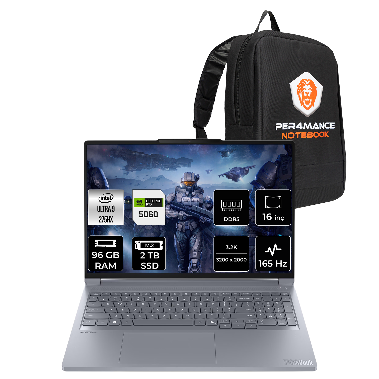 Intel Ultra 9, 96 GB RAM, 2 TB SSD, 165 Hz işlemcili gümüş rengi dizüstü bilgisayar ve siyah sırt çantası.