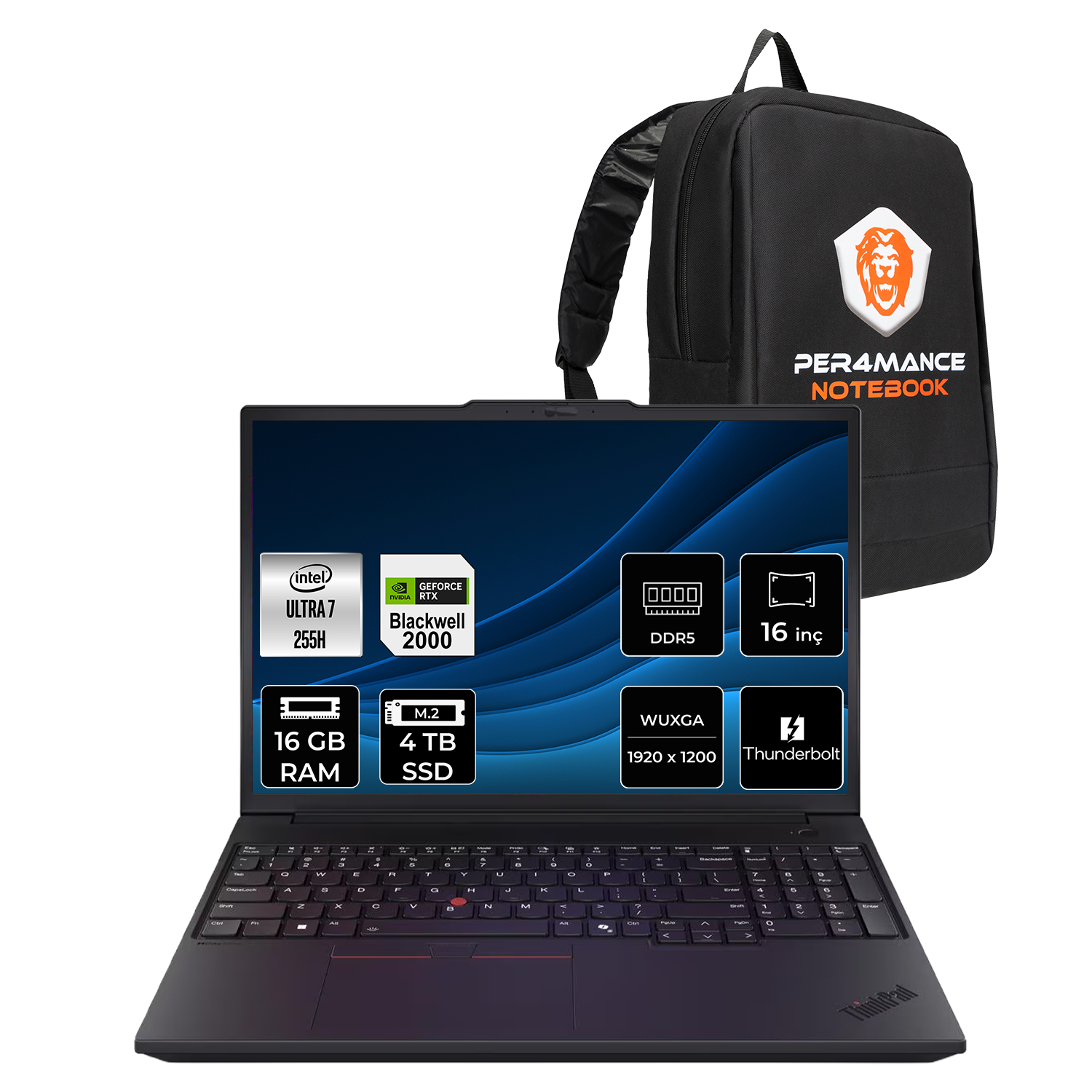 Intel Ultra 7, RTX 2000, 16 GB RAM, 4 TB SSD ve sırt çantalı siyah dizüstü bilgisayar.