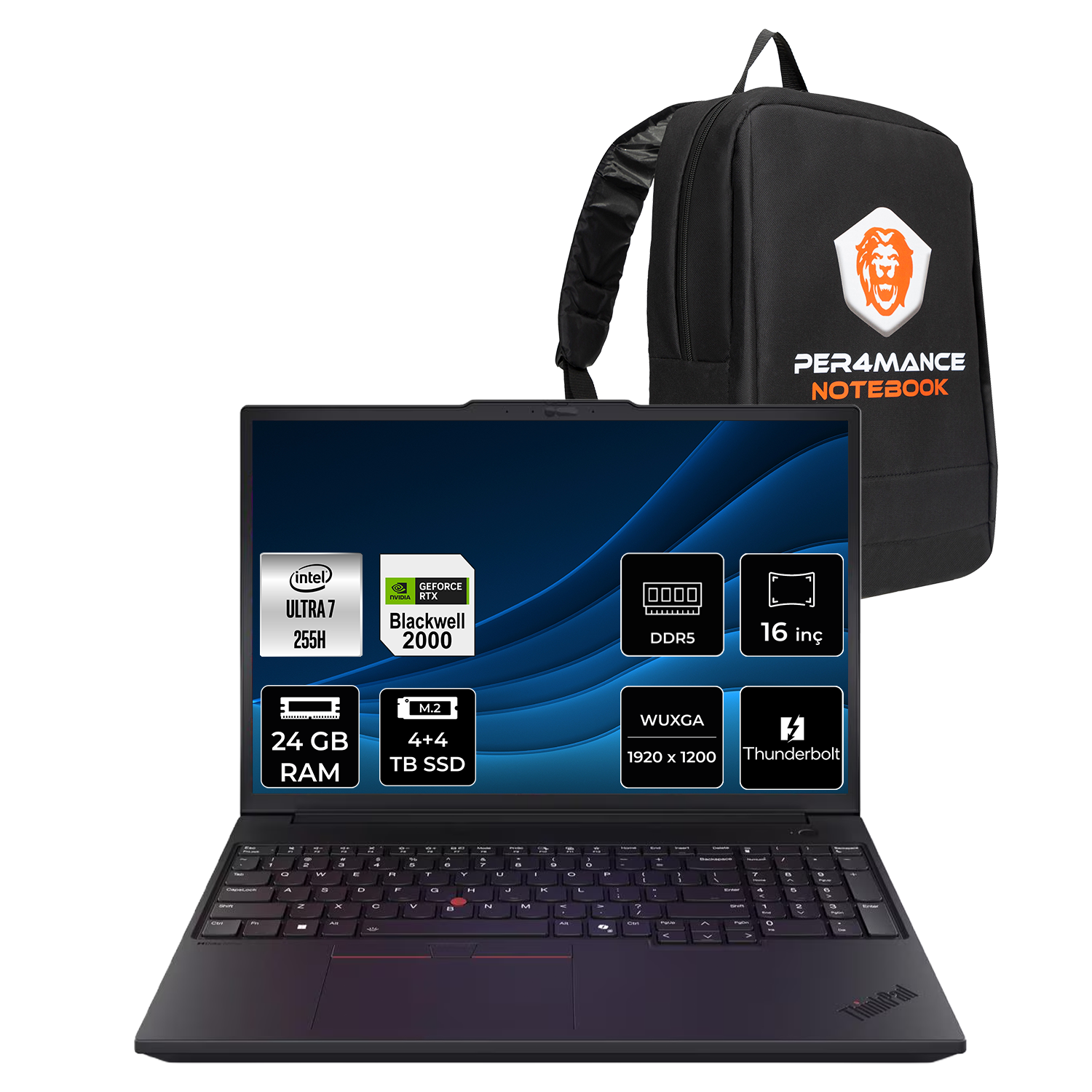 Intel Ultra 7 özellikli siyah dizüstü bilgisayar ve logolu siyah sırt çantası.