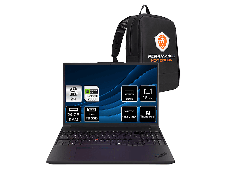 LENOVO TP P16V FHD+ 21RS000BTXP318 PER4 Intel Core Ultra 7 255H 24 GB RAM 4 TB SSD 16 inç FreeDOS Laptop+Çanta Siyah