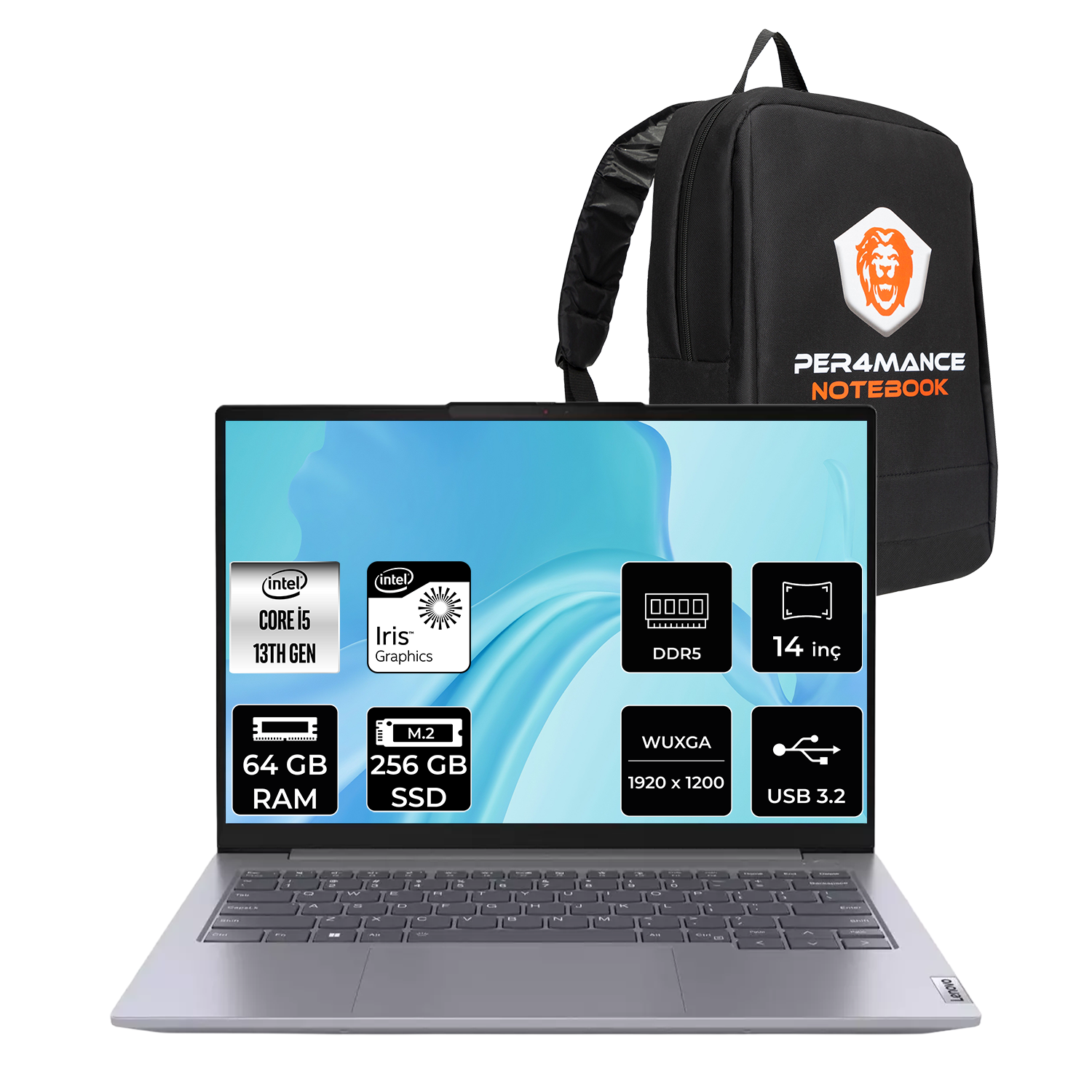 Intel Core i5, 64GB RAM, 256GB SSD'li gümüş laptop ve siyah sırt çantası.