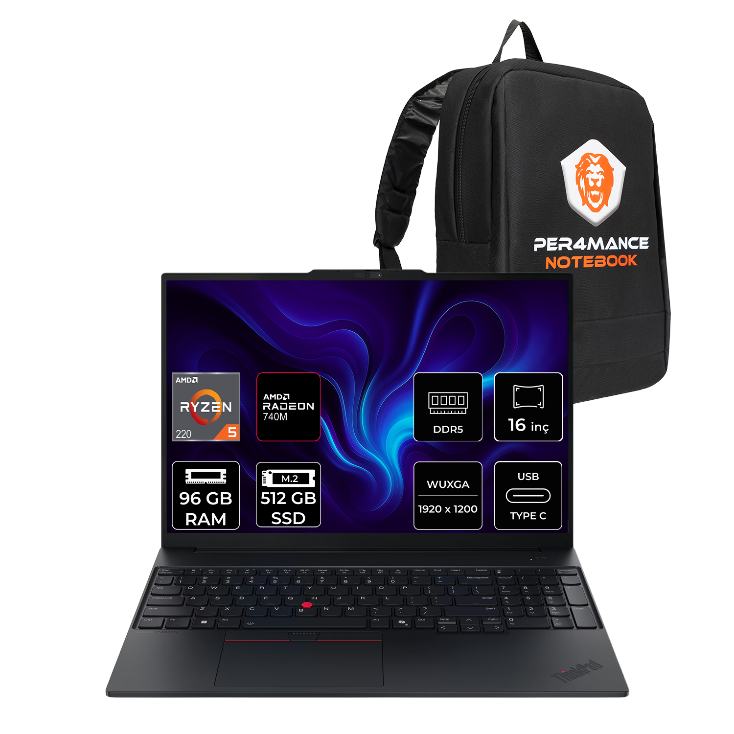 Ryzen 5, 96 GB RAM, 512 GB SSD ve sırt çantalı siyah dizüstü bilgisayar.