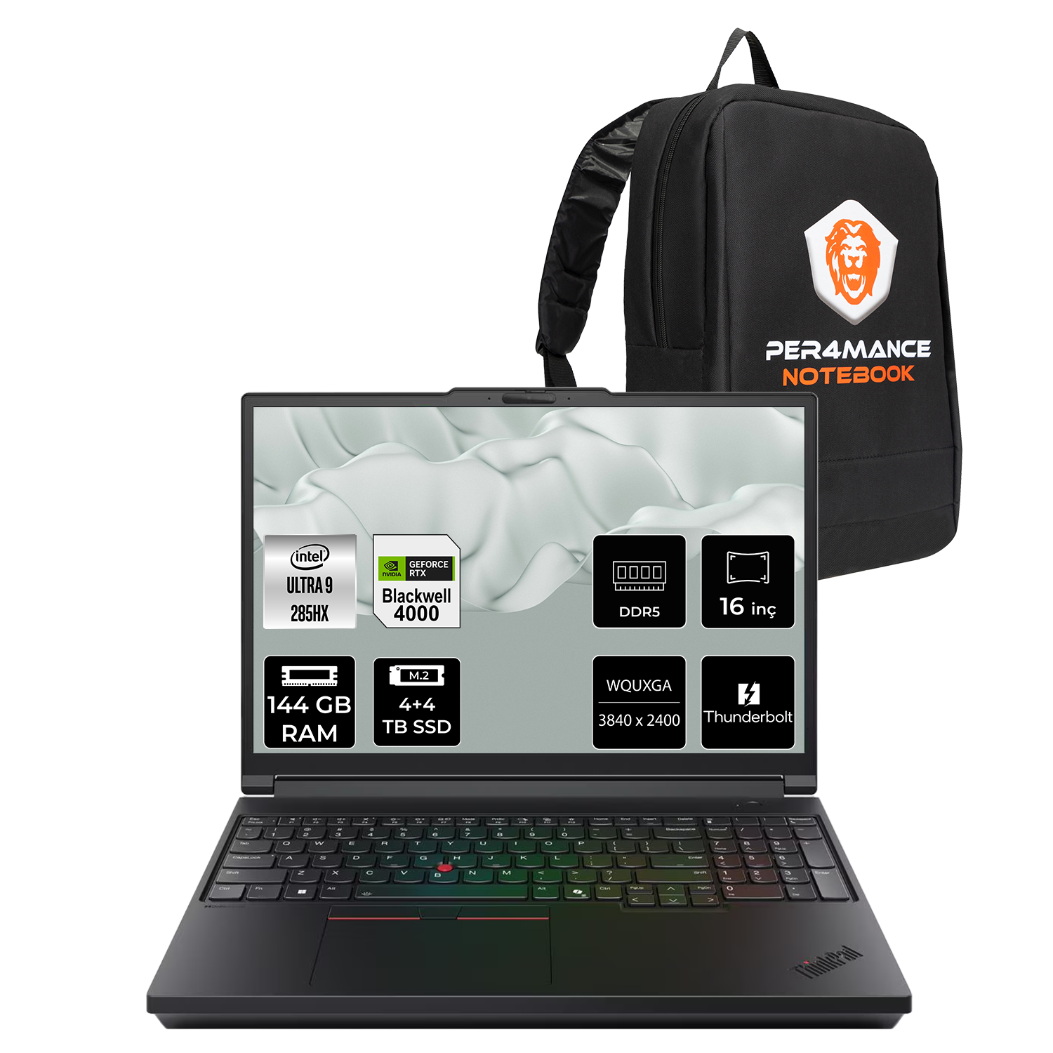 Intel Ultra 9, Nvidia RTX Blackwell 4000, 144 GB RAM, 4+4 TB SSD, 16 inç, WQUXGA, Thunderbolt ve sırt çantalı siyah dizüstü bilgisayar.