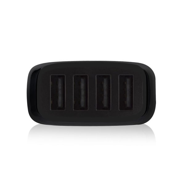 Un adaptador USB negro con cuatro puertos, vista frontal.