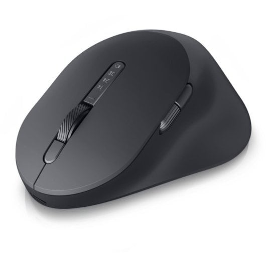 Un ratón de ordenador oscuro y ergonómico con rueda de desplazamiento y botones adicionales.