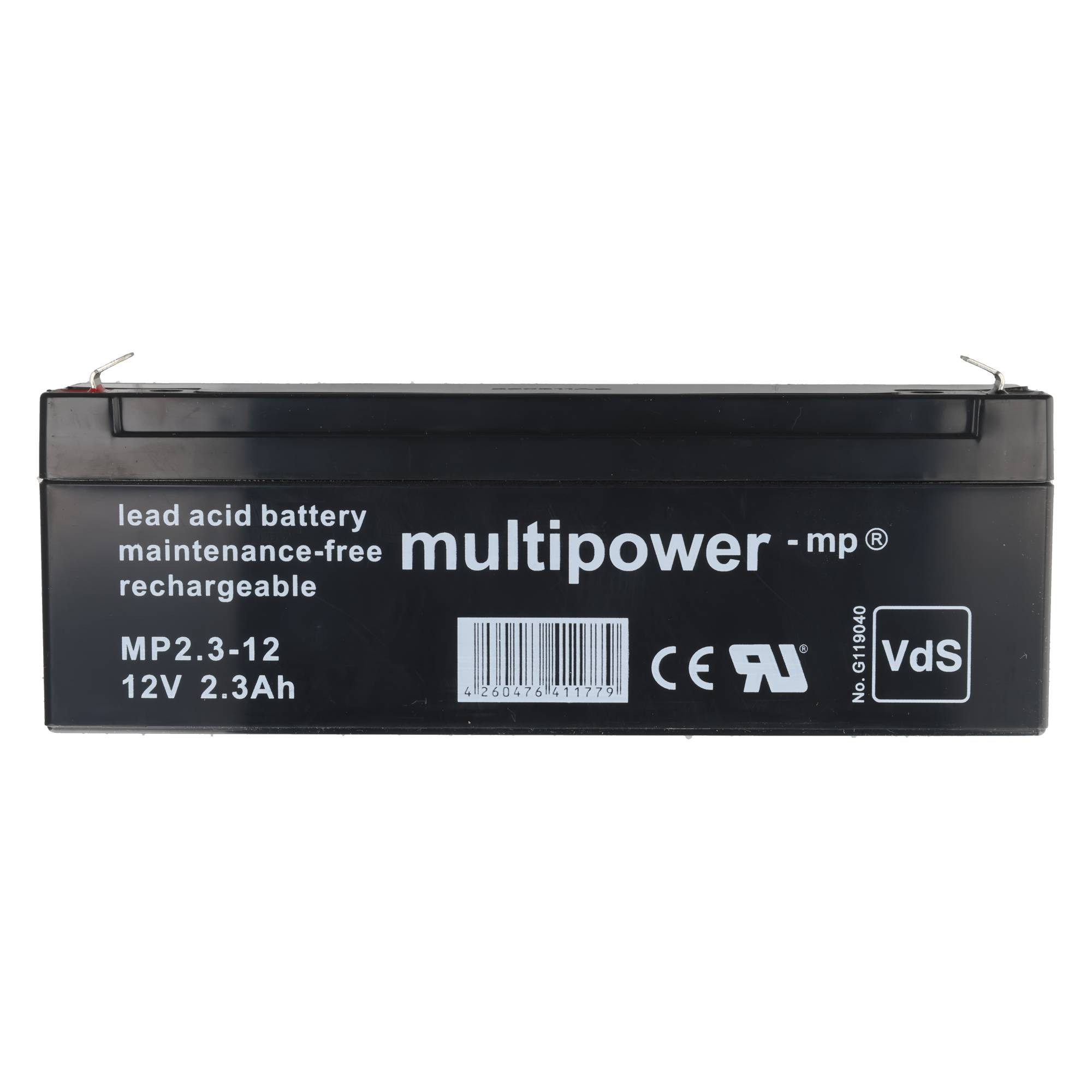 Schwarze 12V 2.3Ah Blei-Säure-Batterie von Multipower mit CE- und VdS-Siegeln.