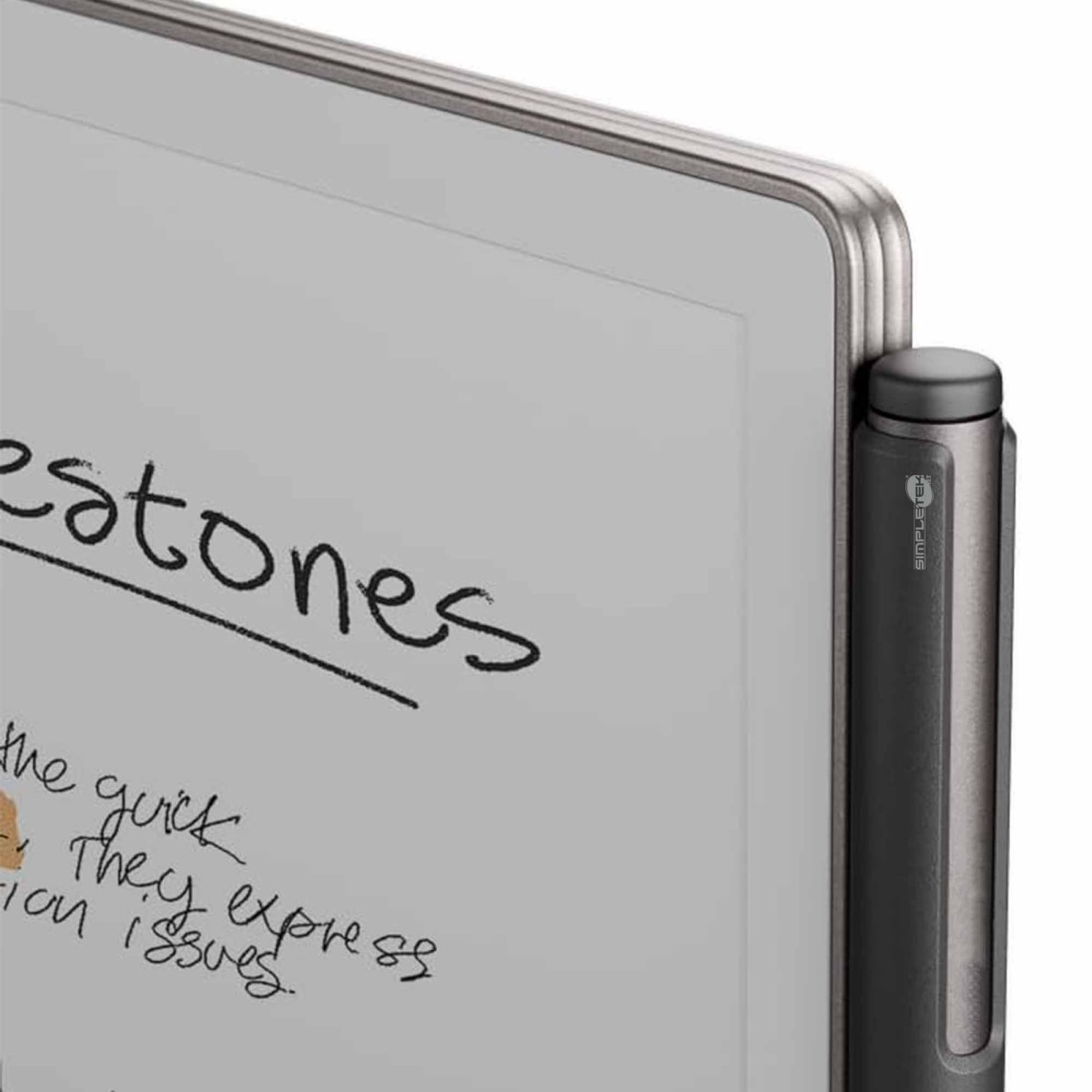 Uno stilo grigio si attacca al lato di un tablet con appunti.