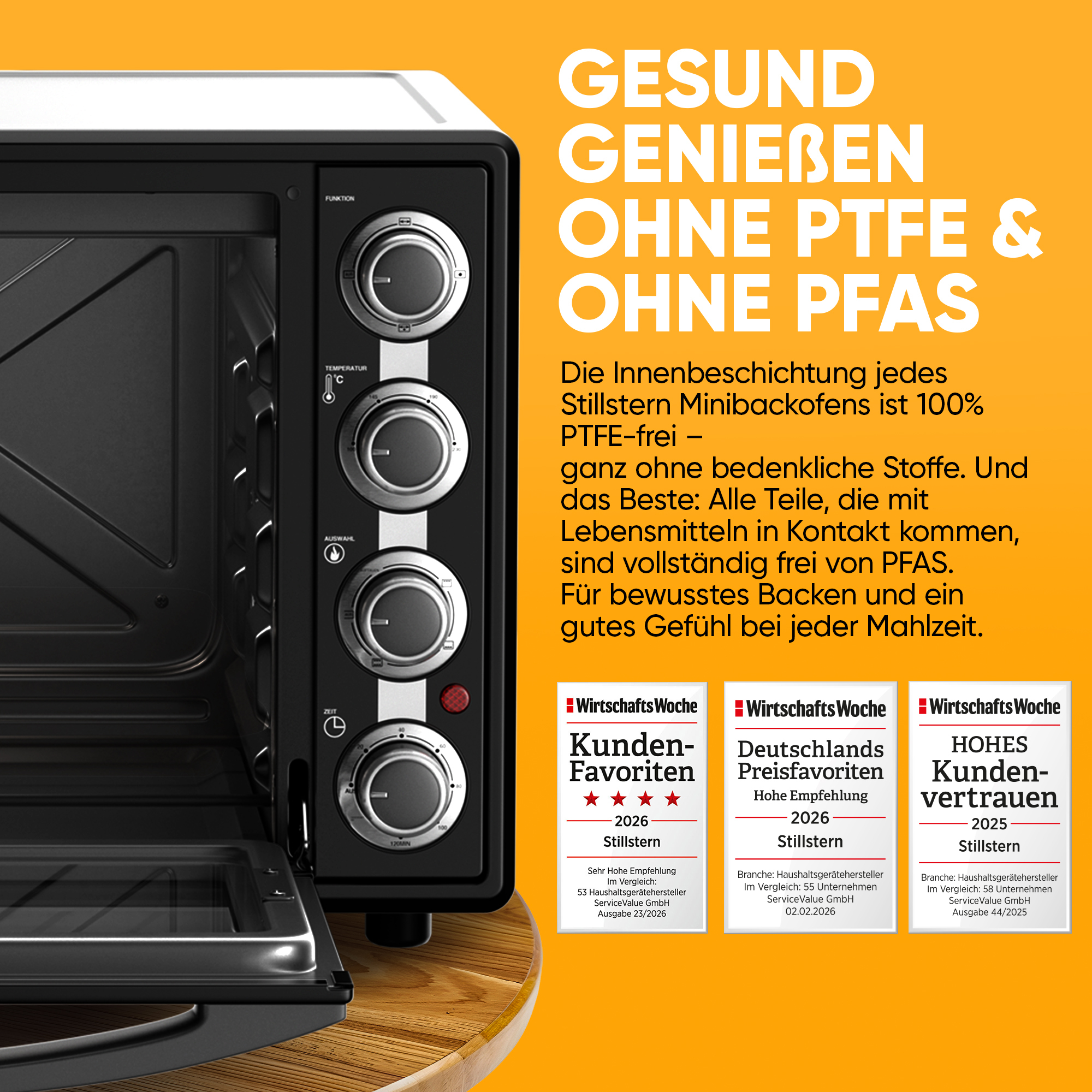 Ein Minibackofen mit Bedienknöpfen und Text über gesunde Zubereitung ohne PTFE/PFAS.