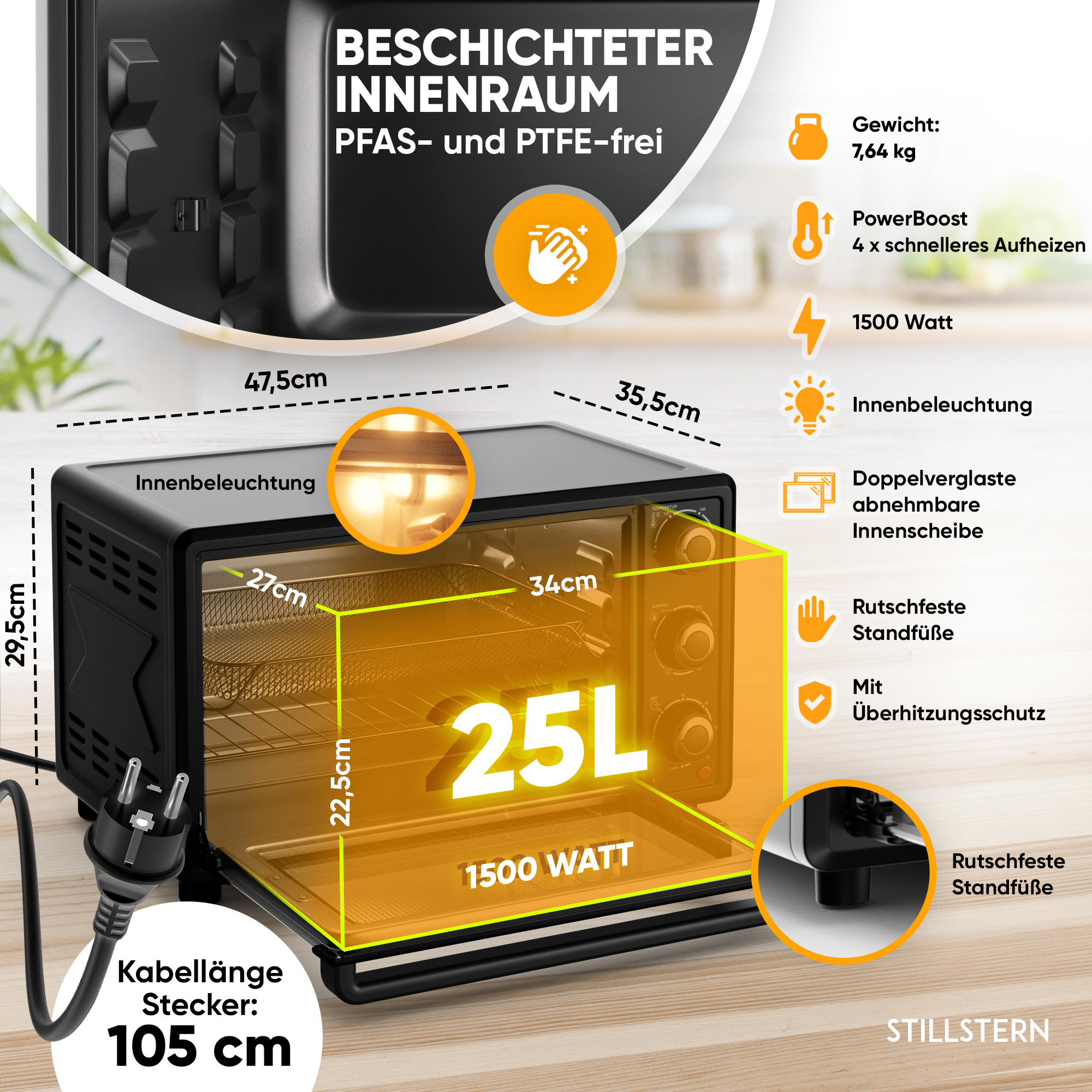 Schwarzer Tischbackofen mit Maßen, Innenraumbeleuchtung und 25L Kapazität.