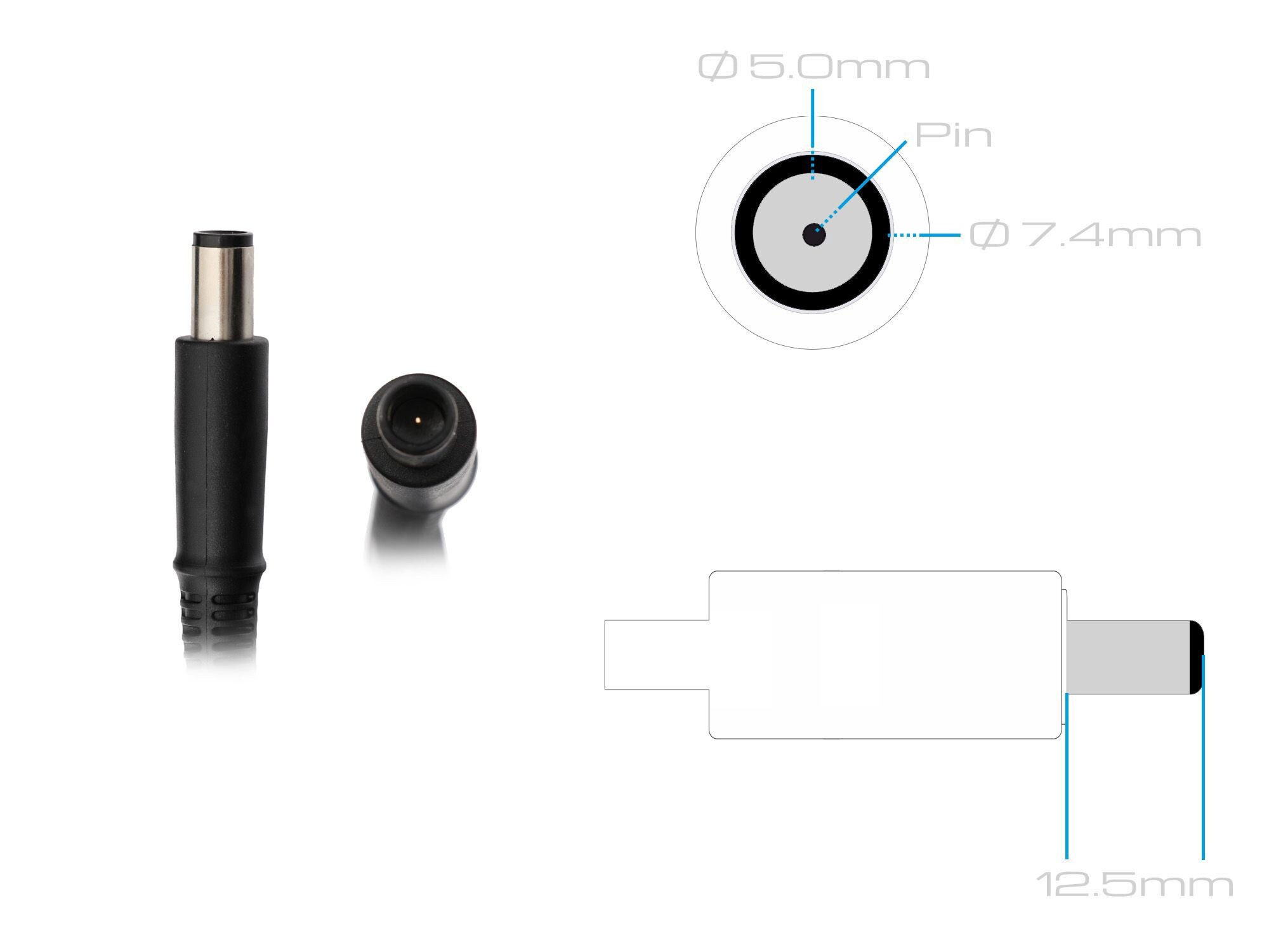 Ein schwarzer DC-Stecker und ein Diagramm mit Maßen.