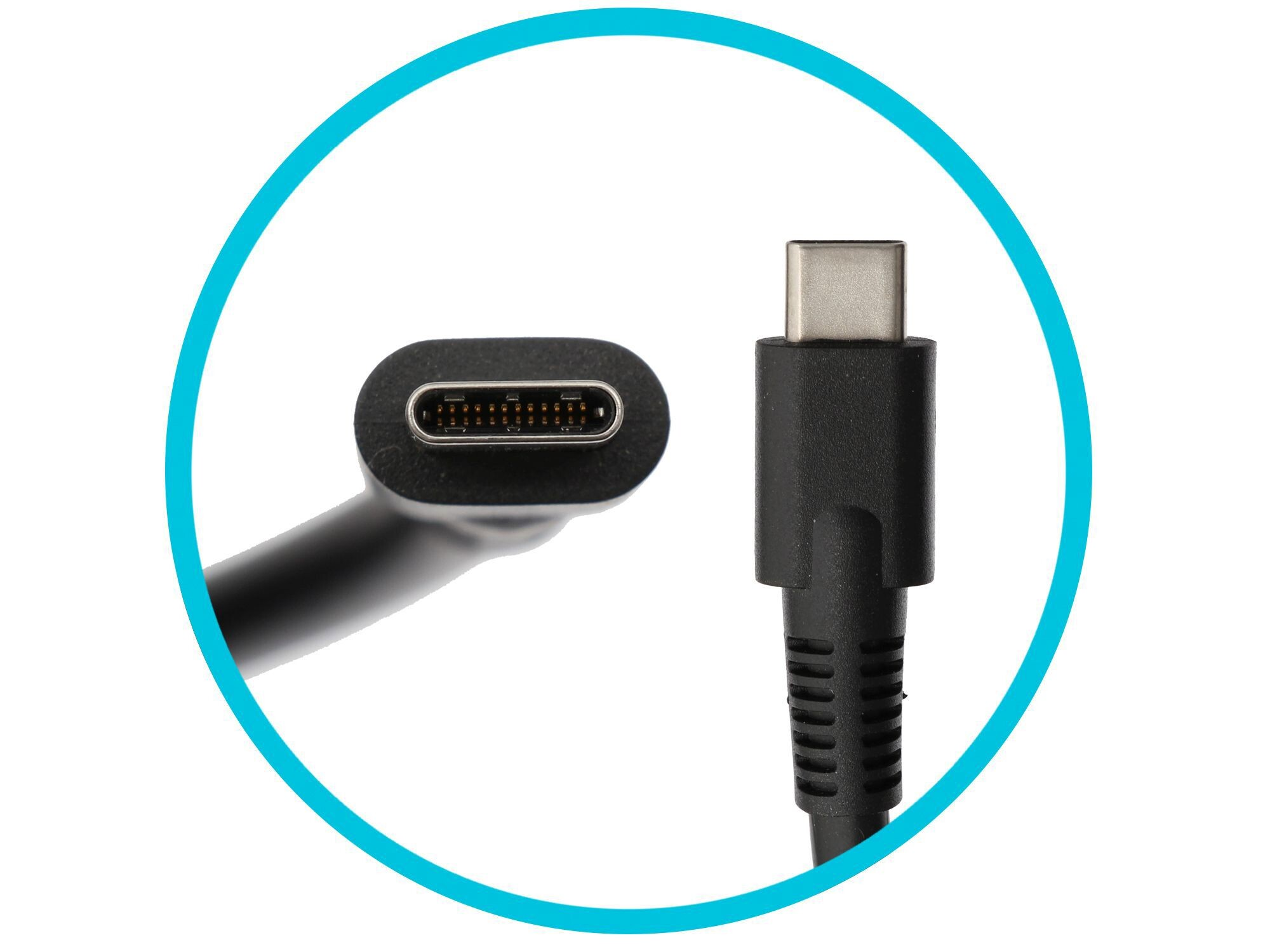 Nahaufnahme eines USB-C-Kabelsteckers und -Anschlusses mit sichtbaren Pins, auf Weiß.