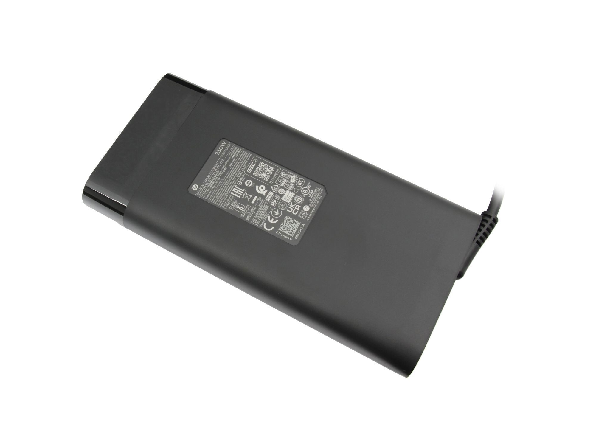 Schwarzer 230W HP Netzteil mit Aufkleber und Anschlusskabel.