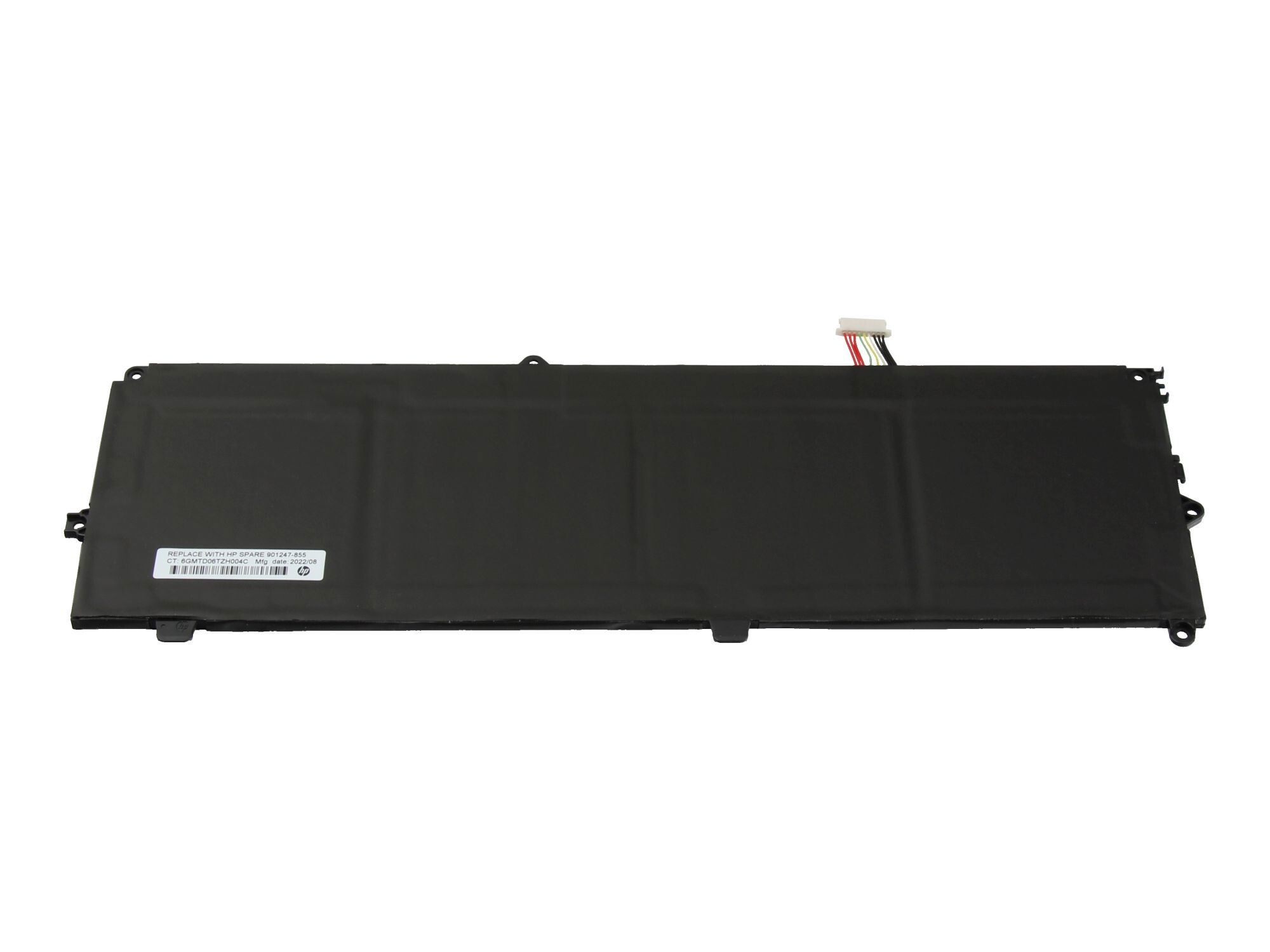 Schwarzer Laptop-Akku mit Kabel, Produktinformationen und HP-Logo.